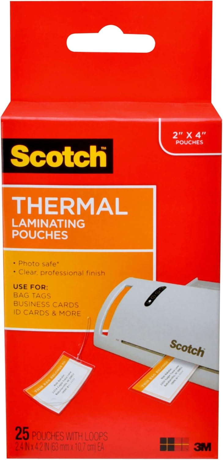 Scotch Thermal Laminating Pouches Premium Quality, 5 Mil Thick for Extra Protection, 25 Pack, Luggage Tag Size Laminating Sheets, Our Most Durable Lamination Pouch, 2.48 x 4.21 inches, (TP5853-25)