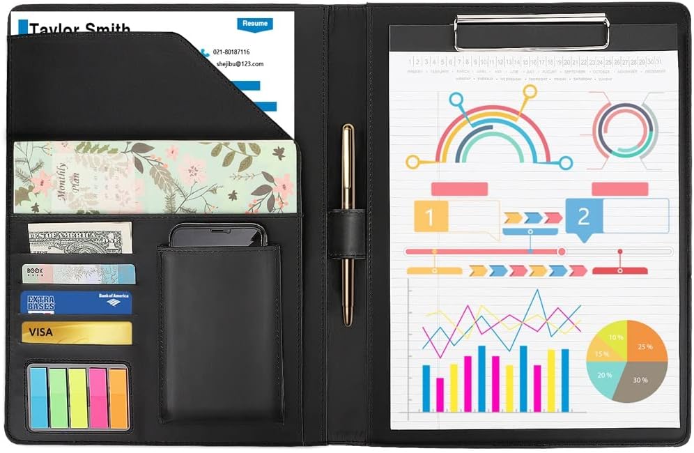 EWUROI Folder PU Leather Resume Conference Legal Document Organizer with A4 Size Clipboard, Business Card Holders