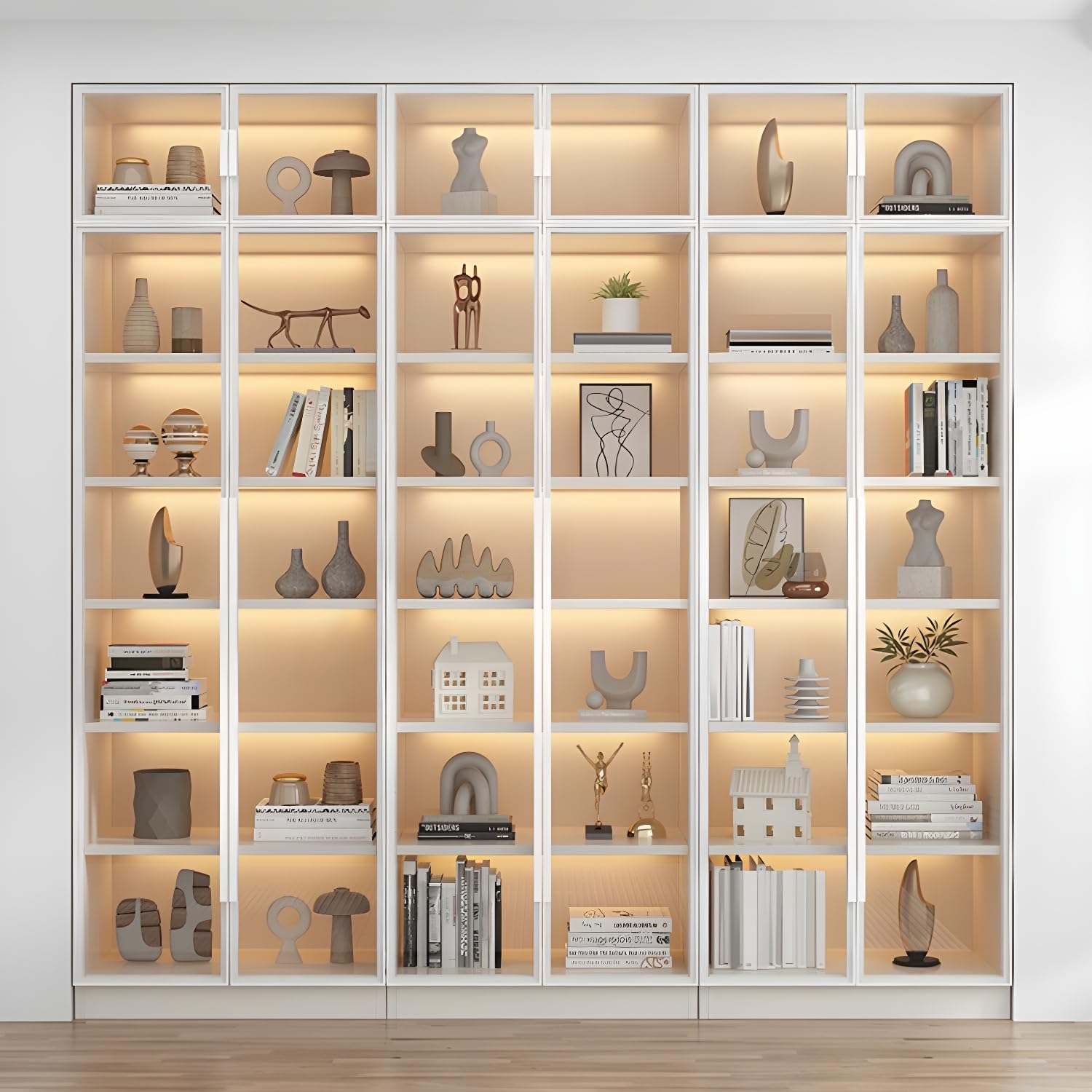 LITFAD Modern Wood Bookcase with Cabinet, Transparent Glass Doors Living Room Display Cabinet Freestanding Book Shelves for Bedroom Home Office Library - White 87