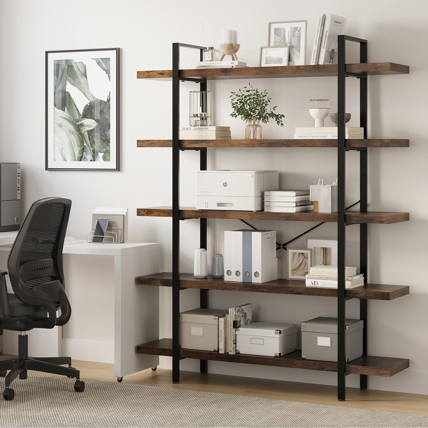 LotaTools 5 Tier Bookcase, 47 Inch Wide Wood Bookshelf, 120lbs Shelf Capacity Estante, Rustic Open Shelving Industrial Display with Reinforced Horizontal Brown Shelves for Living Room Bedroom Office