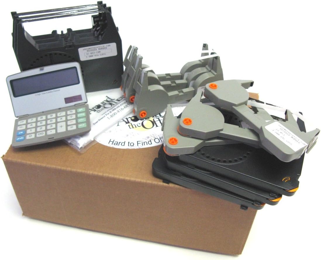 SIX IBM Wheelwriter Correctable Typewriter Ribbon and Correction Lift Off Tape with Folding Desktop Calculator and Typewriter Dust Cover.