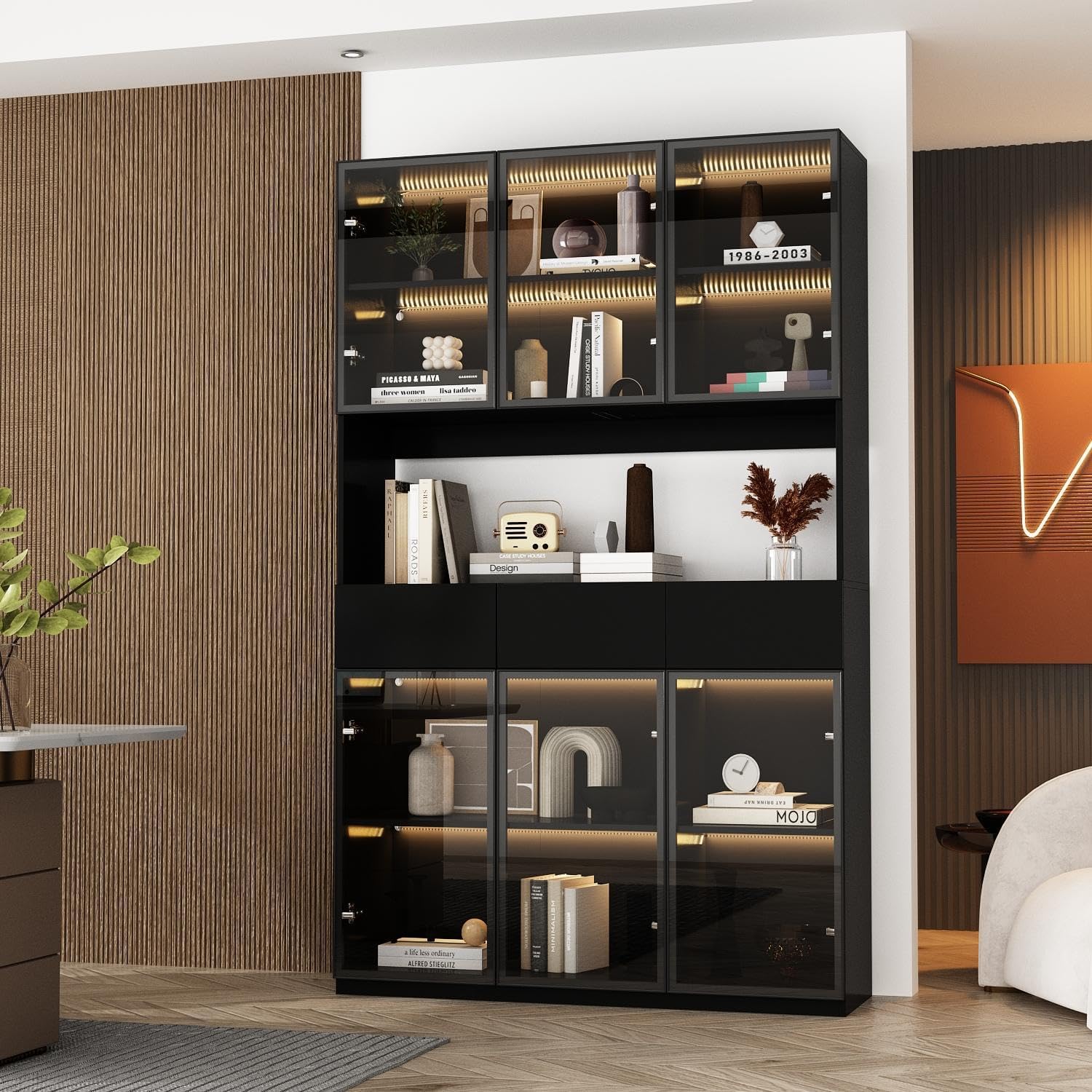 FUFU&GAGA Display Cabinet with Glass Doors and Lights, 78.7” Tall Bookshelf Glass Hutch Storage Cabinet with Shelves & 3 Drawers, Bookcase for Living Room Office, Black 47.2”W x 14.2”D x 78.7”H