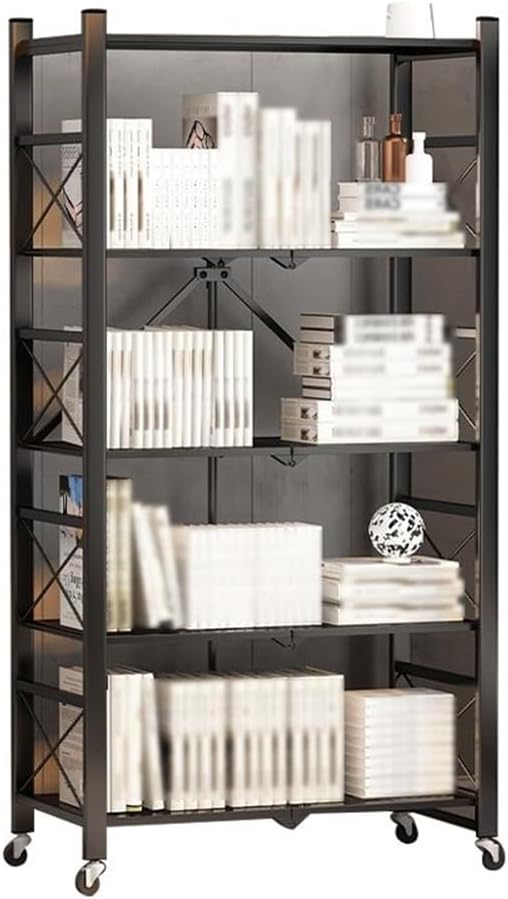 KWOKING Folding Steel Industrial Etagere Open Bookshelf with Caster Wheels Wrought Iron Bookcase Installation-Free Removable Folding Storage Multi-Layer Bookshelf Black 39.4