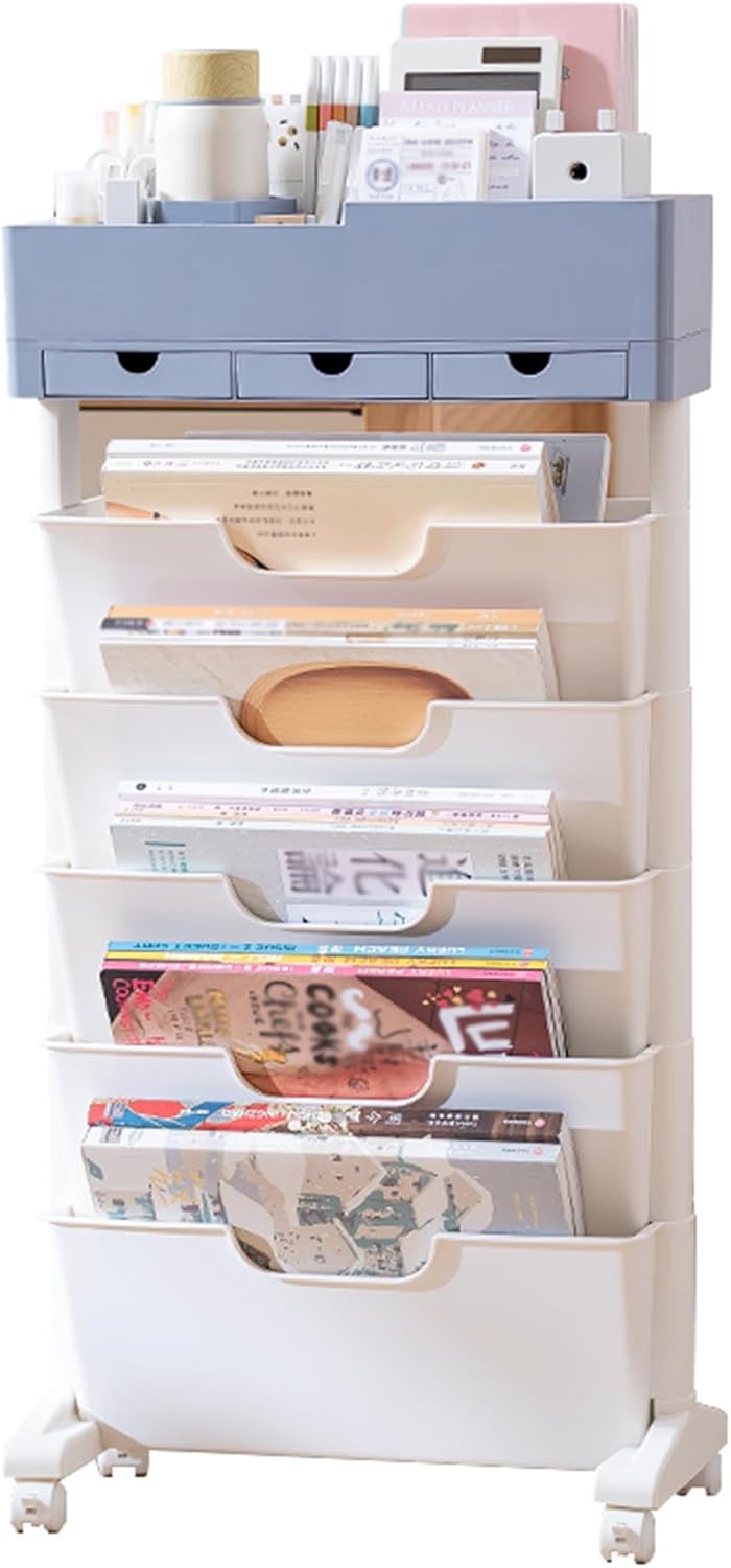 Mobile Bookshelf Bookcase with Wheels, Multfunctional Open 5-Layer Magazine Rack, Plastic Removable Rotating Bookshelves for Office, Home, School, Library