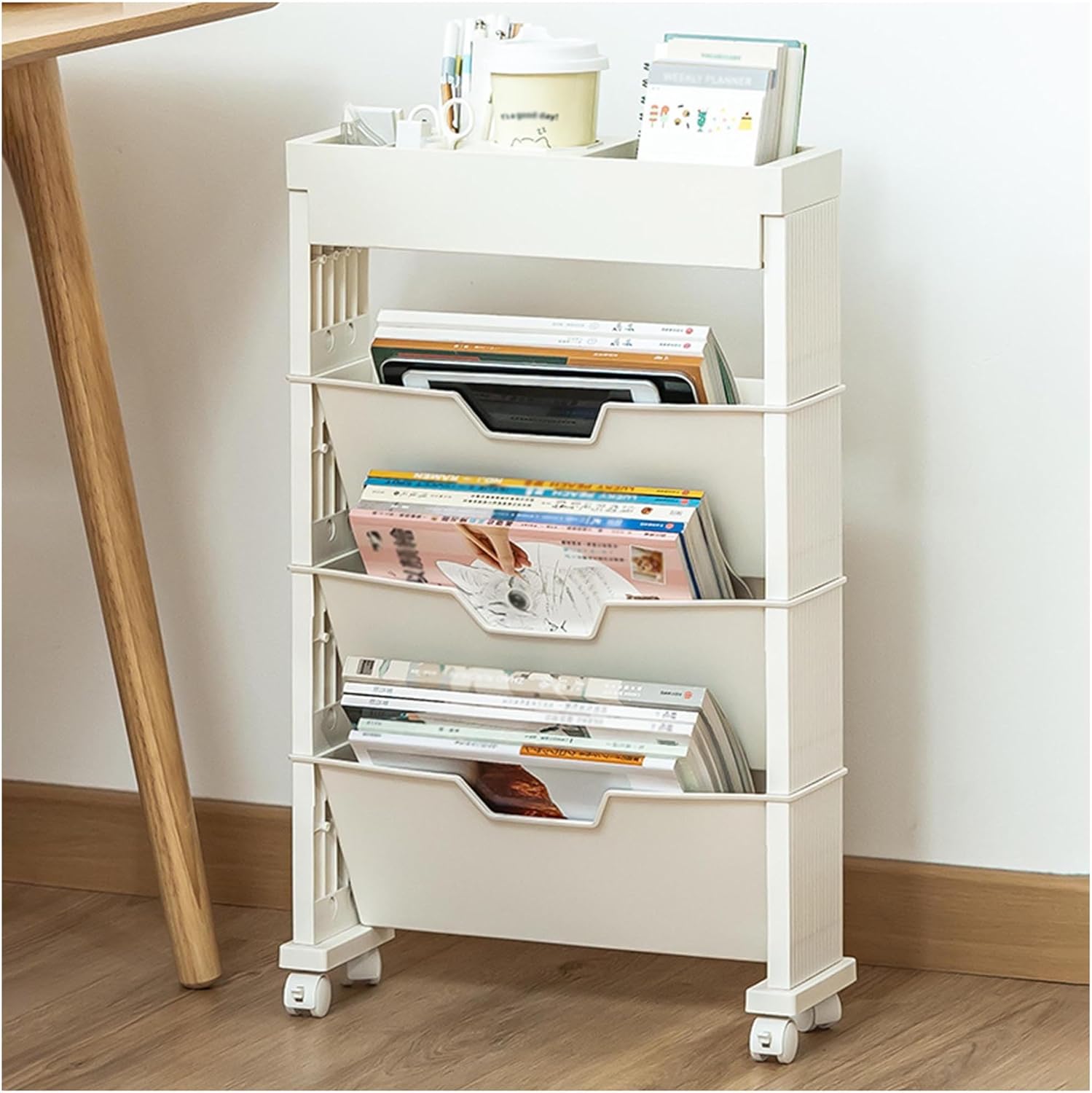 Mobile Bookshelf, 3 Tier Removable Rotating Newspaper Storage Rack Magazine Stand with Wheels, Multfunctional Bookcase for School, Classroom, Home