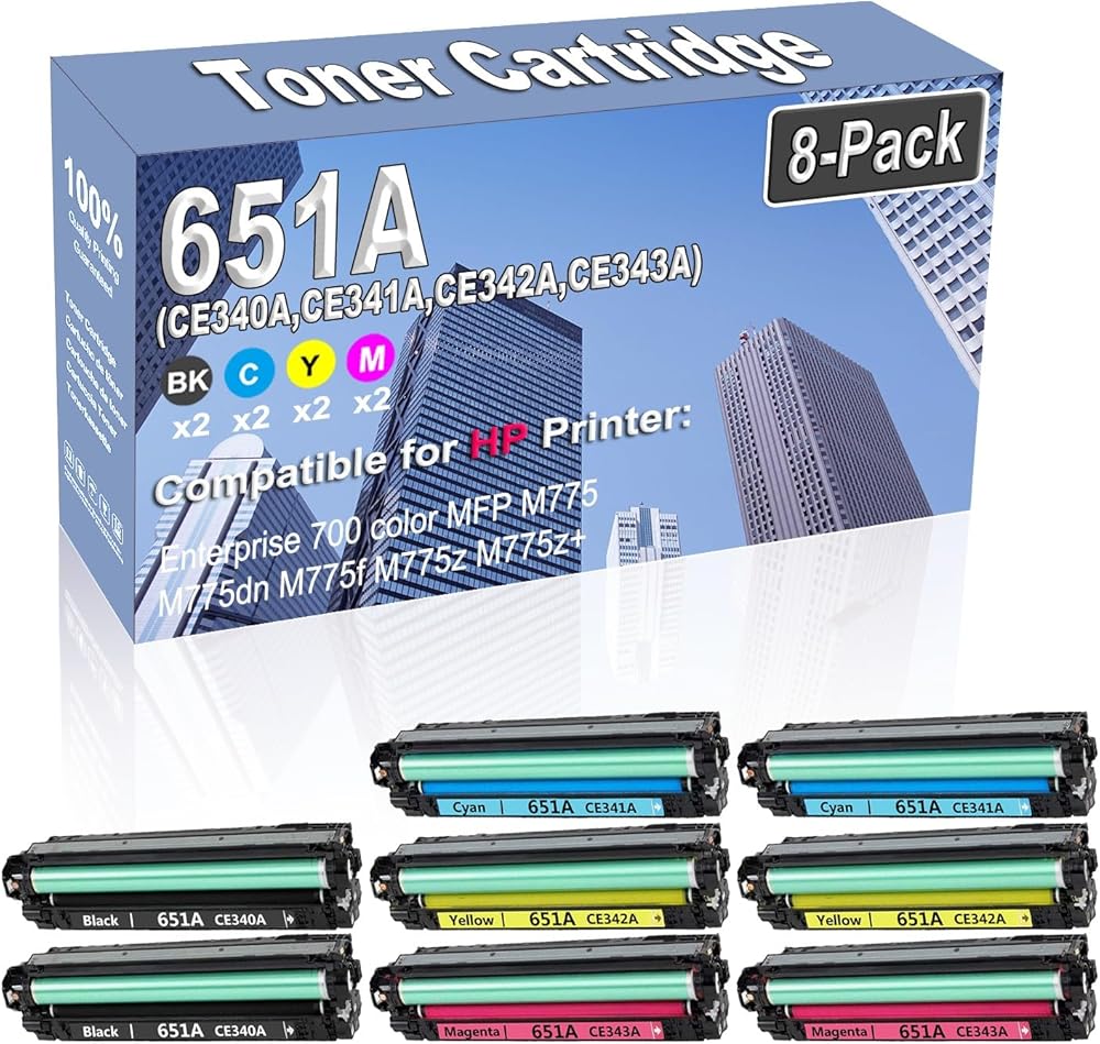 8-Pack (2BK/2C/2Y/2M) Compatible High Capacity 651A (CE340A CE341A CE342A CE343A) Color Toner Cartridge use for HP Enterprise 700 Color MFP M775 M775dn M775f M775z M775z+ Printer