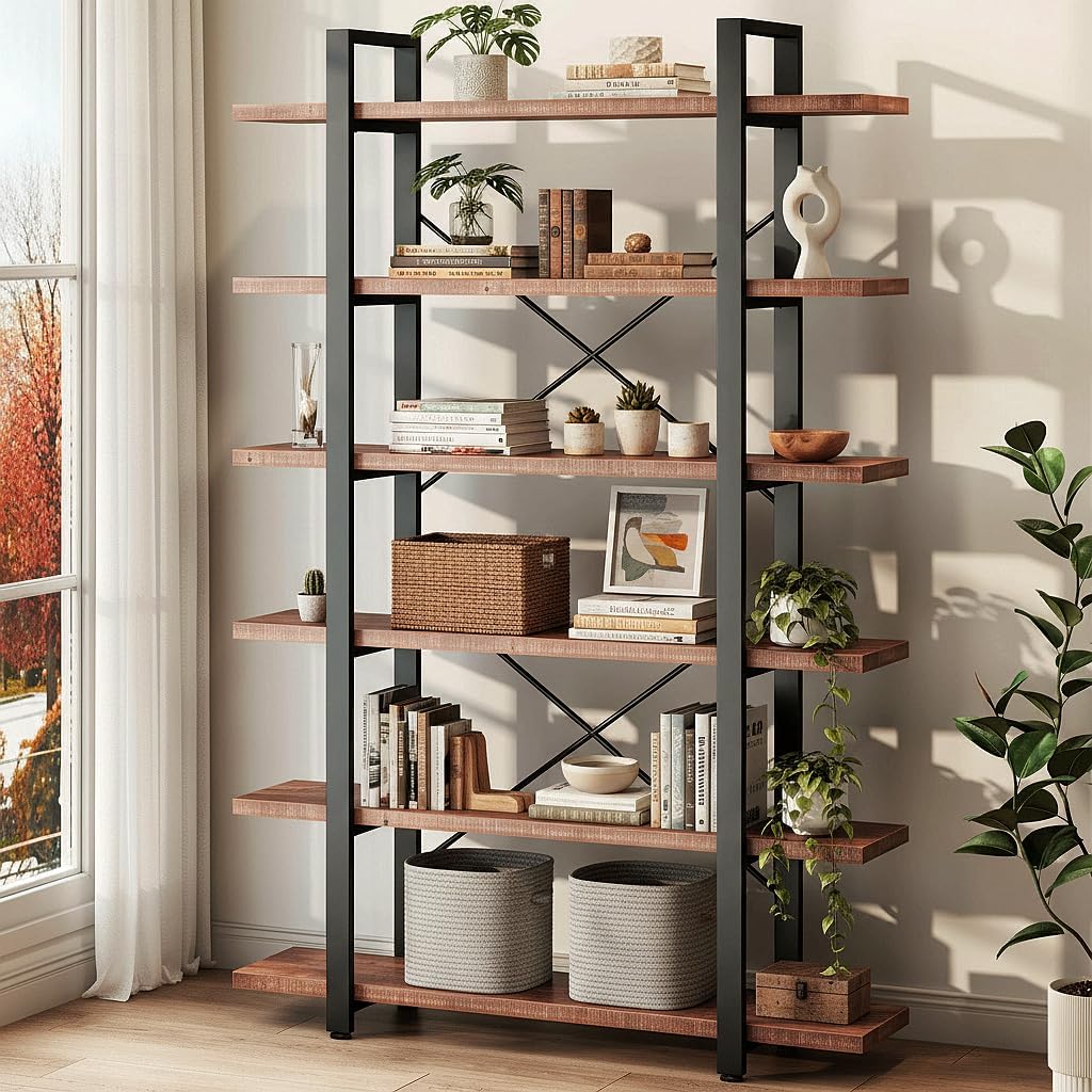IBF 6 Tier Solid Wood Bookcase, Industrial Natural Real Wood Metal Tall Book Shelf, Heavy Duty Rustic Large Open Book Shelf Storage, Wide Etagere Bookcase for Office Living Bedroom, Vintage Brown