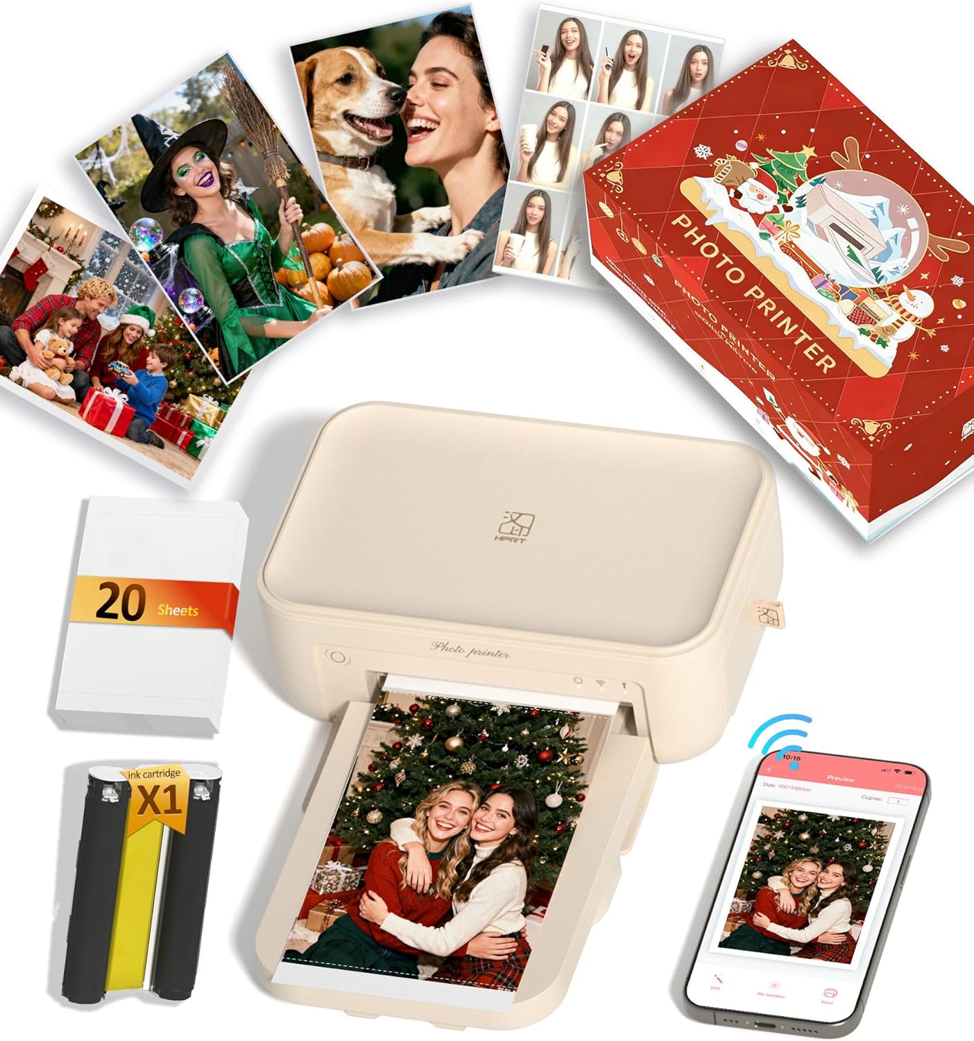 HPRT CP4100 4x6 Photo Printer with 20 Sheets & 1 Ribbon, Full-Color Thermal Dye Sublimation Wi-Fi Printing, Portable Instant Picture Printer for iPhone/Android, AR Video, Fun App, Home Use, Xmas Kit