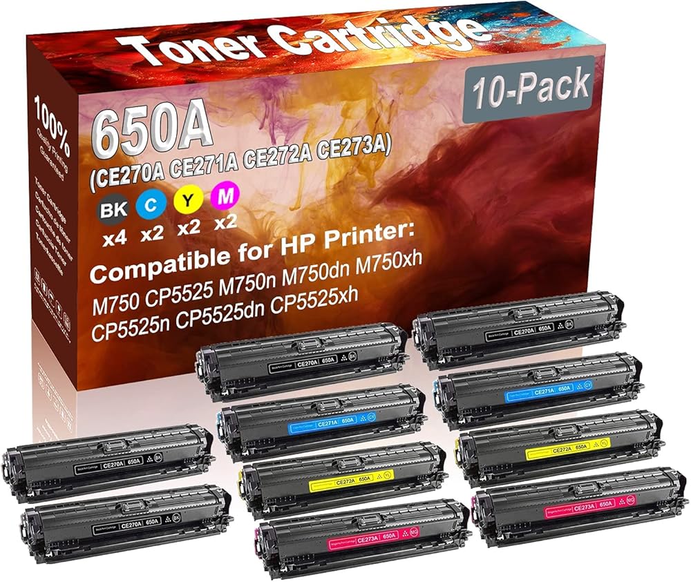 10-Pack (4BK+2C+2Y+2M) Compatible High Yield 650A (CE270A CE271A CE272A CE273A) Printer Toner Cartridge use for HP M750 CP5525 M750n Printers
