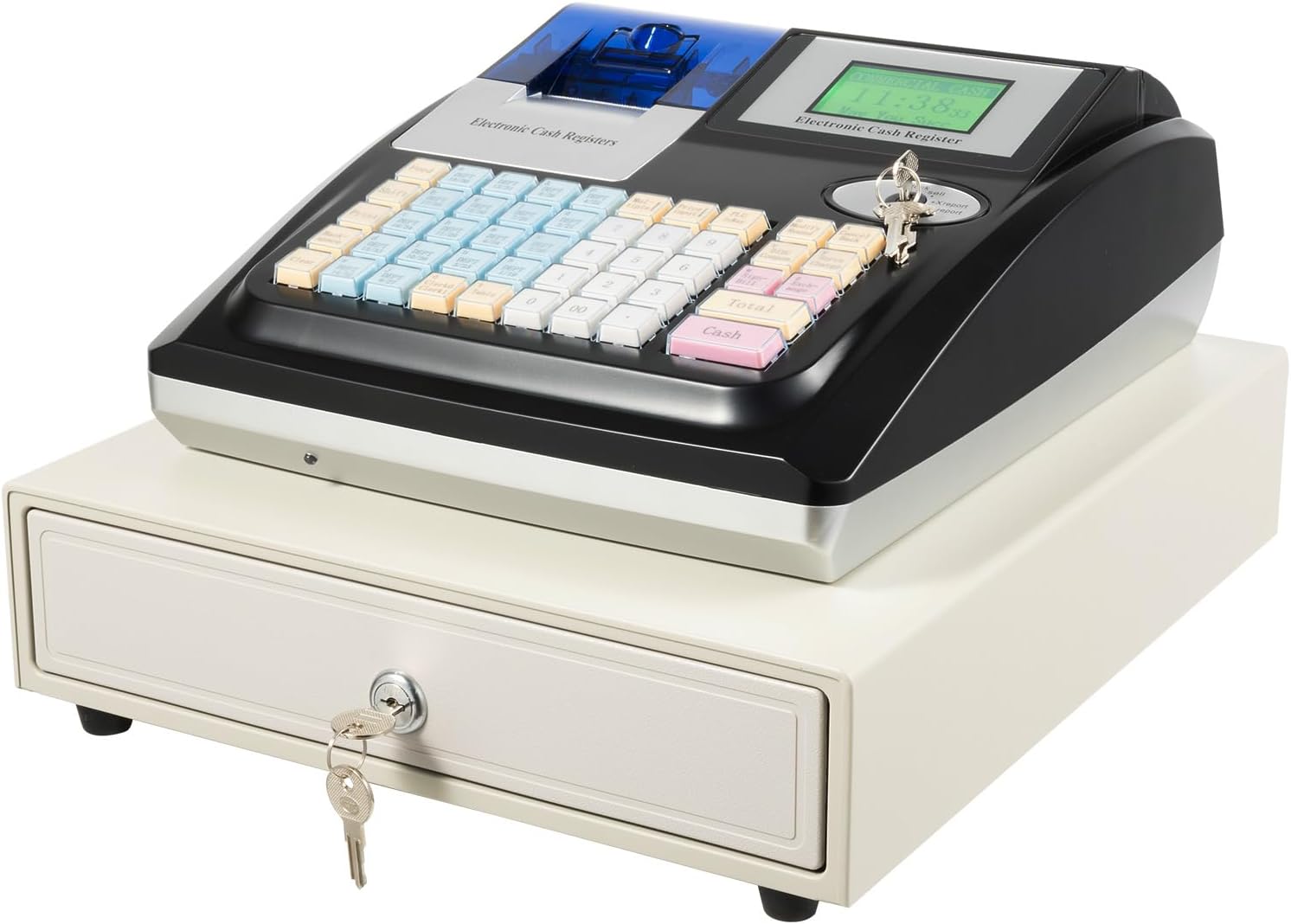 48 Keys Cash Registers, 8-Digit LED Customer Screen, Electronic Cashs Register, Black Newest Cash Register with Drawer for Cafes, Bookstores, Restaurants, Retailers, Grocery Stores, Stores