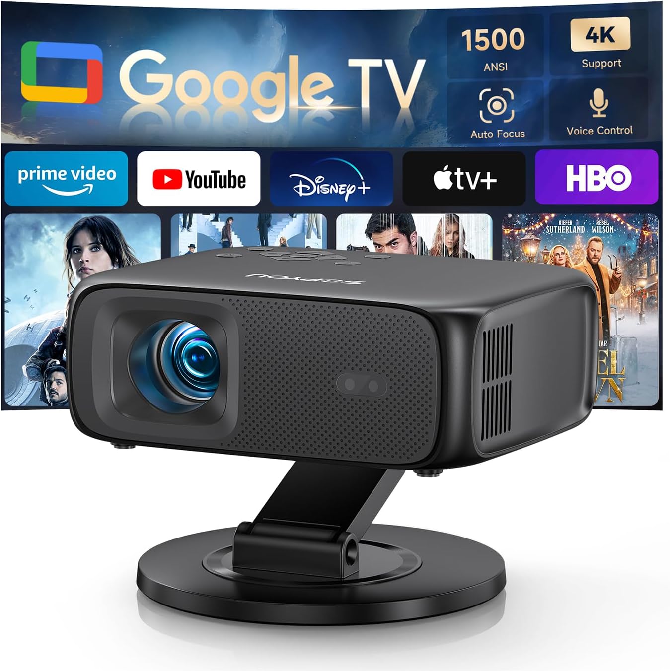 [1500ANSI/ Google TV] Smart Projector with WiFi and Bluetooth, SOPYOU Portable Outdoor Projector 4K Support, Auto Focus & Keystone, Built-in Apps, Indoor Home Theater with 360° Rotatable Stand