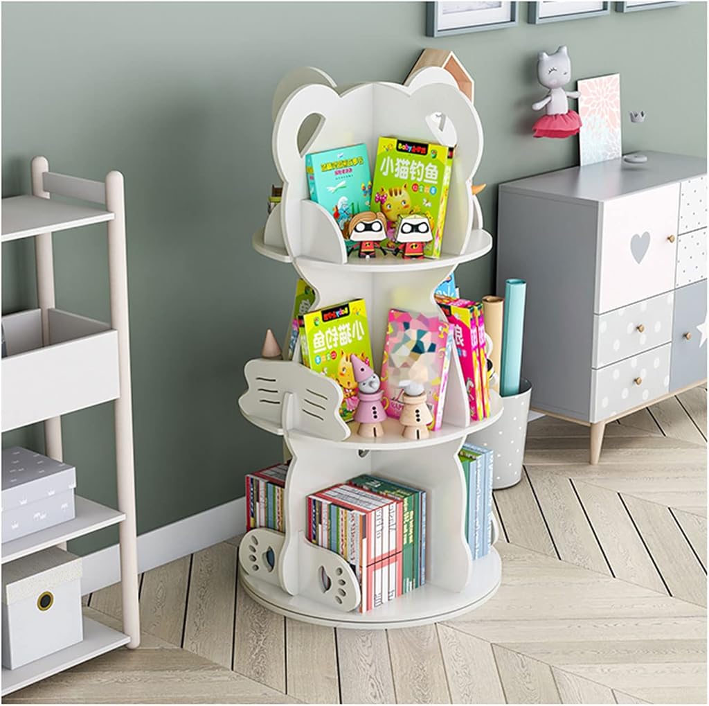 SYALEO Rotating Bookshelf 360 Display 3 Tier Floor Standing Cartoon Bookcase Storage Rack Creative Bear Book Shelf Storage Organizer for Bedroom