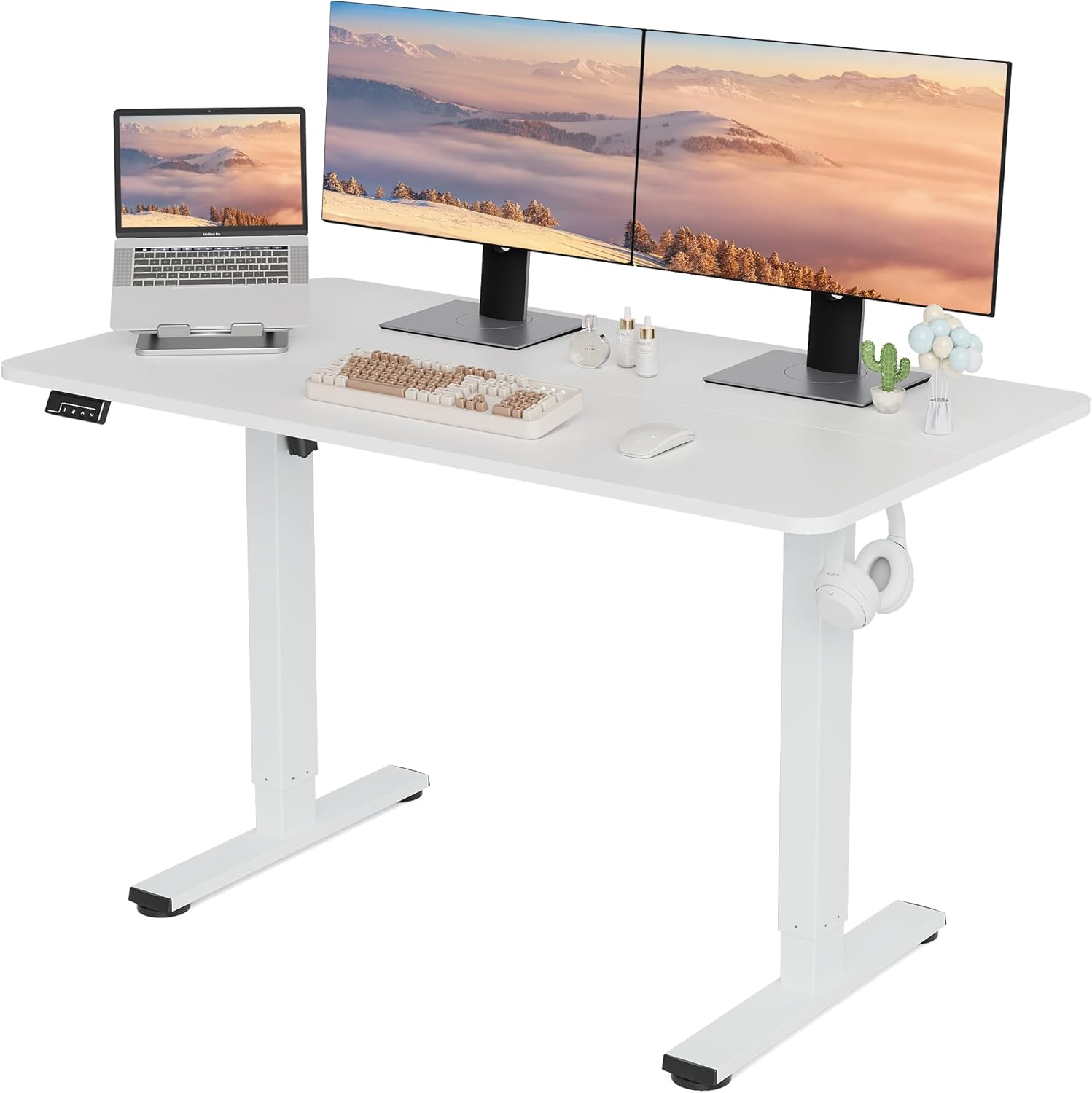 LongKe Electric Standing Desk Adjustable Height, 48x24 Inches Sit Stand up Desktop for Home Office, Ergonomic Rising Computer Table with Memory Preset, White