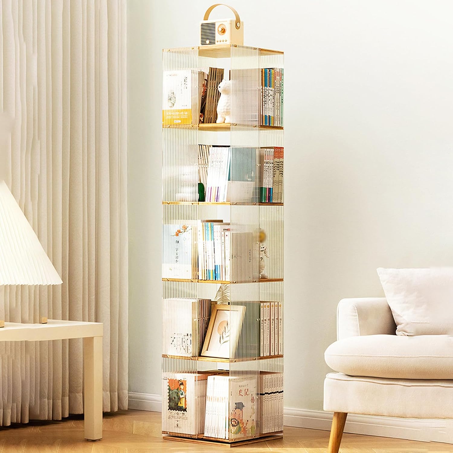 Generic 5 Tier Rotating Bookshelf, Acrylic 360° Swivel Bookcase, Floor Standing Book Shelf Storage Display Rack for Living Room Study Room Office