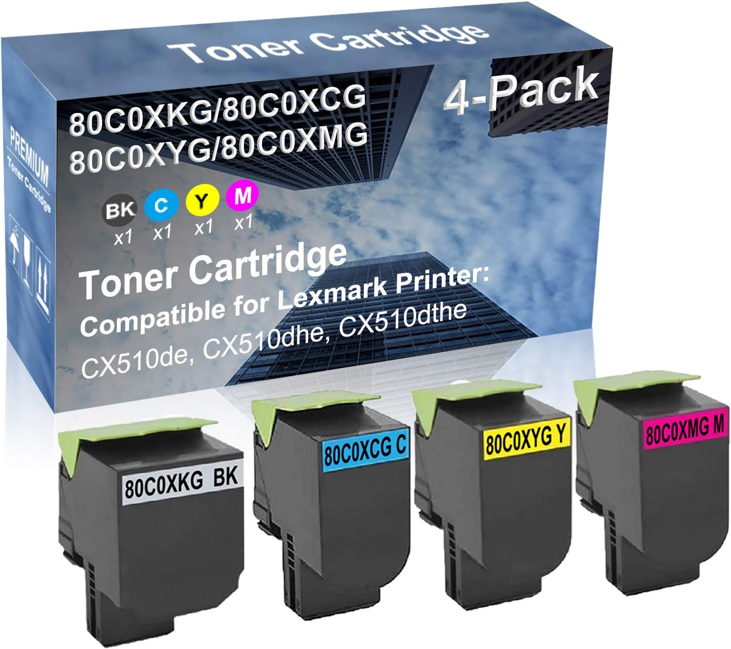 4-Pack (BK+C+Y+M) Compatible High Yield 80C0XKG+ 80C0XCG+ 80C0XYG+ 80C0XMG Laser Printer Toner Cartridge Used for CX510de, CX510dhe, CX510dthe Printer
