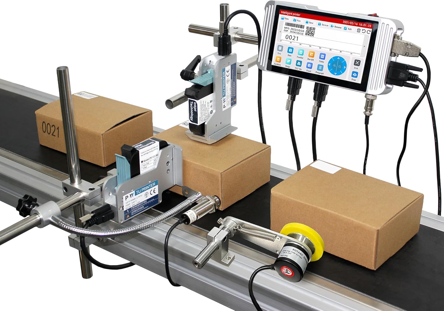 Phezer 0.5inch/12.7mm Automatic Online Inkjet Coding Machine for Production Line, 23 Languages, Intelligent Variable Data/Date/Logo/Barcode/Image Thermal Inkjet Printer, (2 Nozzles, 70M/min, PW2)