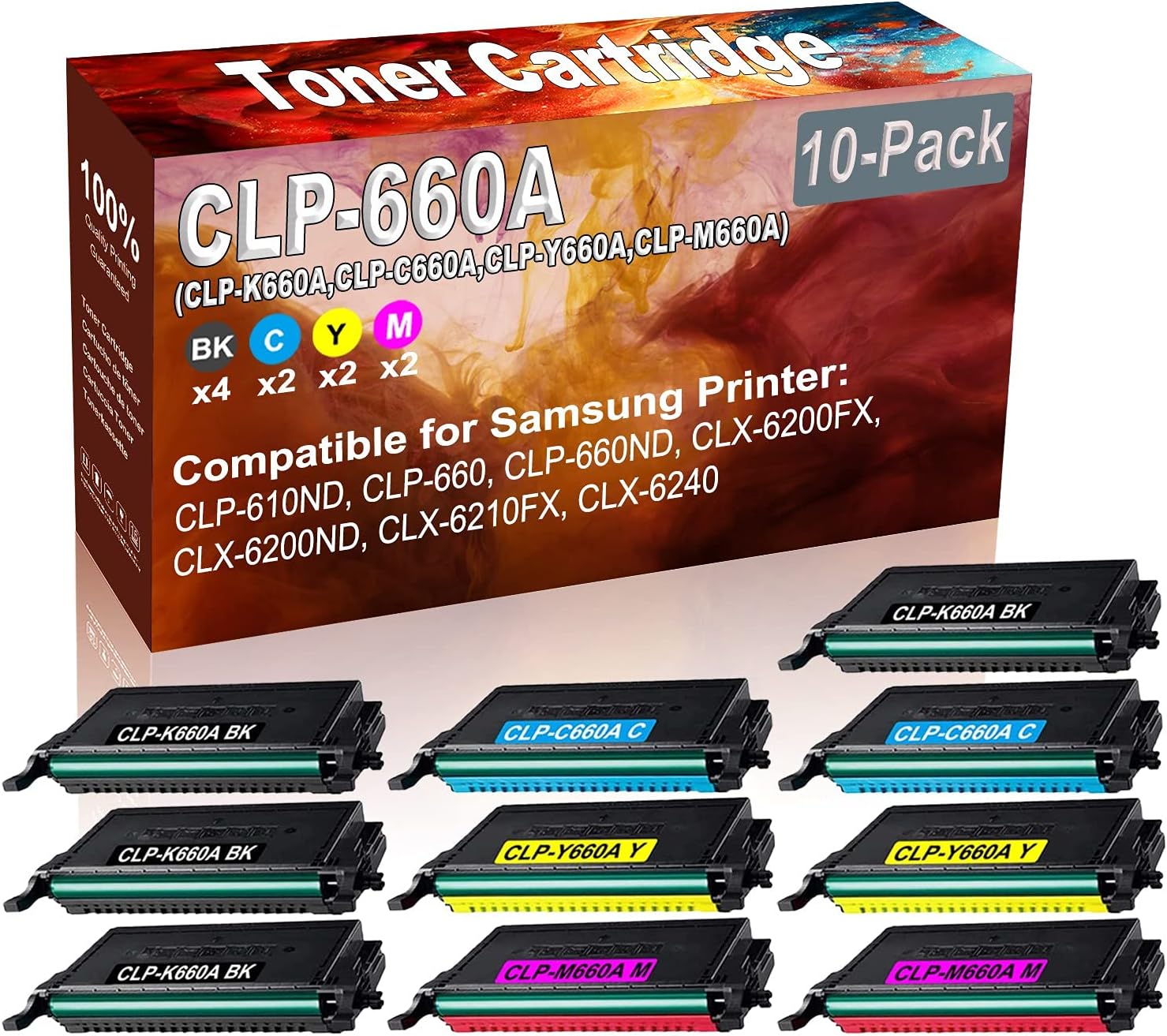 10-Pack (4BK+2C+2Y+2M) Compatible High Yield CLP-660A (CLP-K660A CLP-C660A CLP-Y660A CLP-M660A) Printer Toner Cartridge use for Samsung CLP-660ND CLX-6200FX Printers