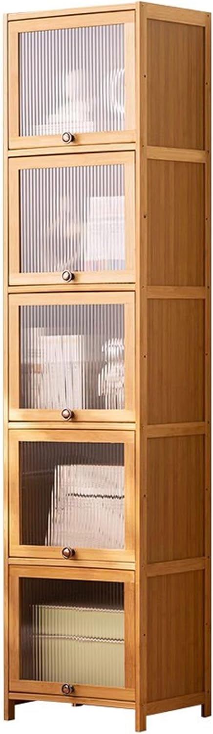 Bamboo 5-Tier Display Case Bookcase with Clear Acrylic Flip-Up Doors, Kitchen Cabinet Storage Collectibles Toy Organizers Rack & Display Shelf, Brown, 15.8