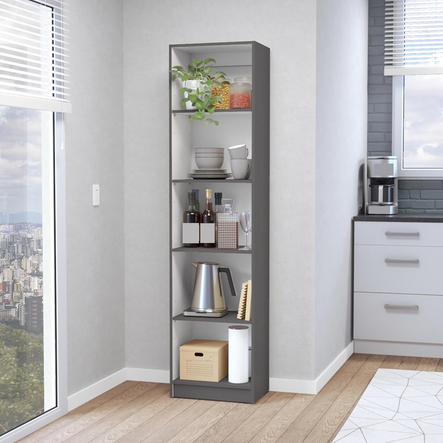 Mid-Century Rustic Bookcase with 5-Shelf Design, Modern Storage Cabinet,for Kitchen Home