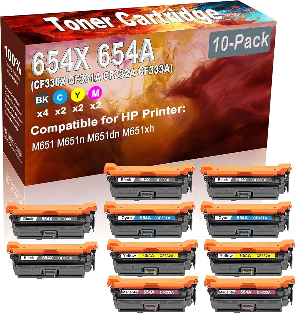 10-Pack (4BK+2C+2Y+2M) Compatible M651 M651n M651dn Laser Printer Toner Cartridge (High Capacity) Replacement for HP 654X 654A (CF330X CF331A CF332A CF333A) Printer Toner Cartridge