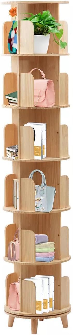 New Modern Natural Wood 360° Rotating 6 Tier Bookshelf Bookcase Storage Corner Wood Shelf Freestanding Display Rack Stand Industrial Home Office Living Room Durable 18.1