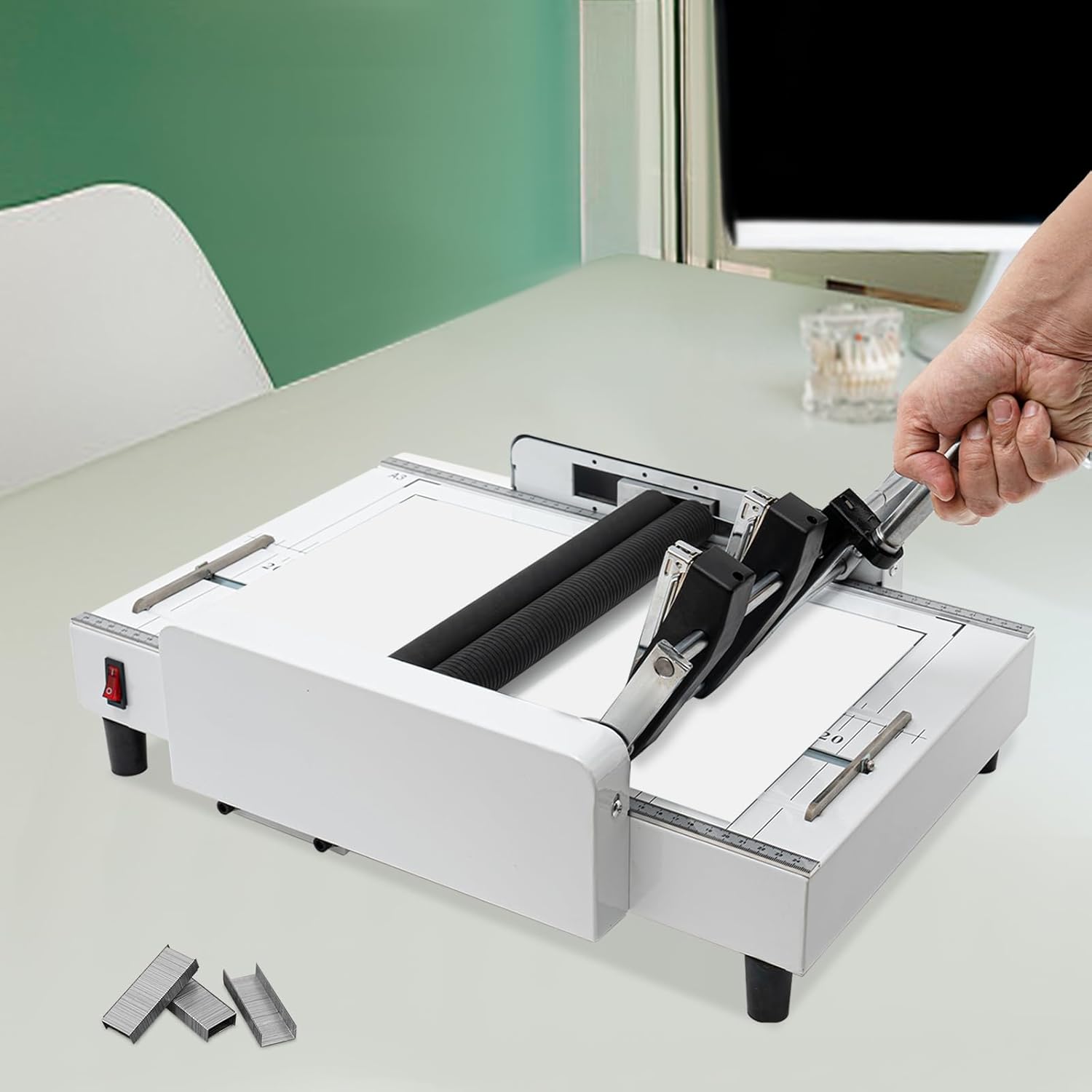 Booklet Maker A3 Paper Folding Binding Machine MAX 8.27 x 16.5 Paper Folder Stapler Machine 2 in 1 Multifunctional Automatic Book Maker Stapling Machine for Schools Print Stores Offices Factory