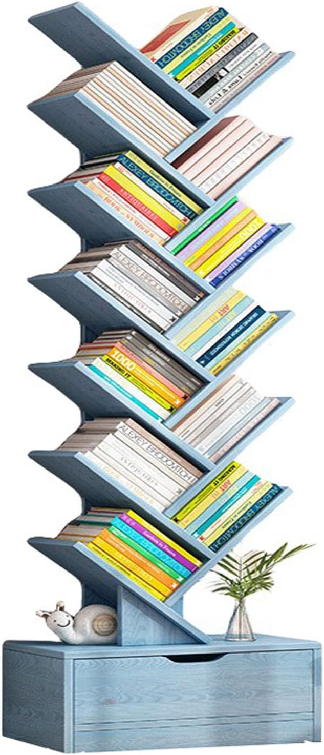 Tree Bookshelf with Drawer, 14 Tier Wooden Bookcase for Adult, Modern Display Storage Rack Bookshelves, Utility Floor Standing Organizer Shelves for Living Room/Bedroom (Blue)