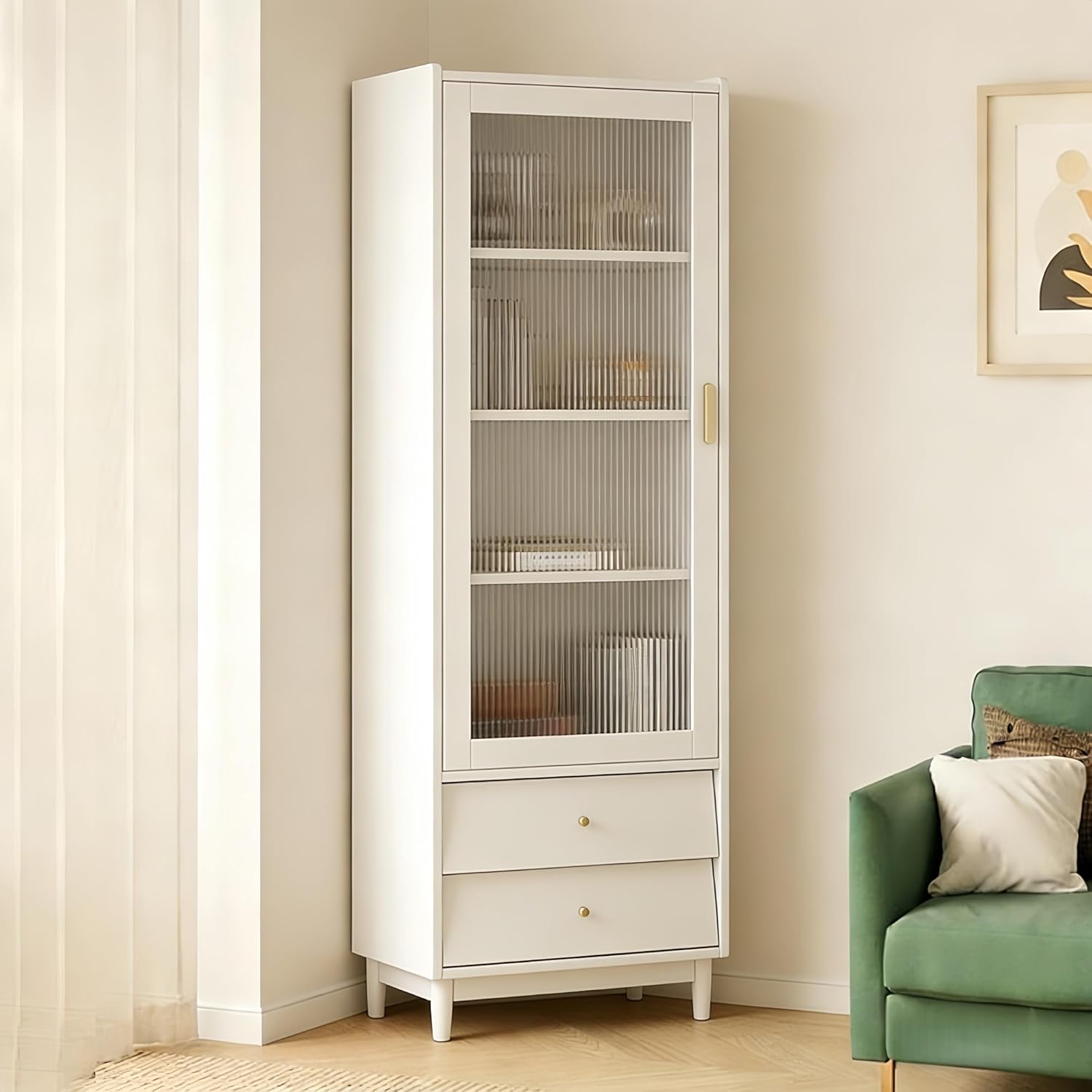 FUKEFUZ Solid Wood Display Cabinet, Mid-Century Modern Bookcase with Ribbed Glass Doors, 2 Drawers, Adjustable Shelves, Anti-Tip Safety Kit, Living Room/Home Office/Kitchen Furniture(White)