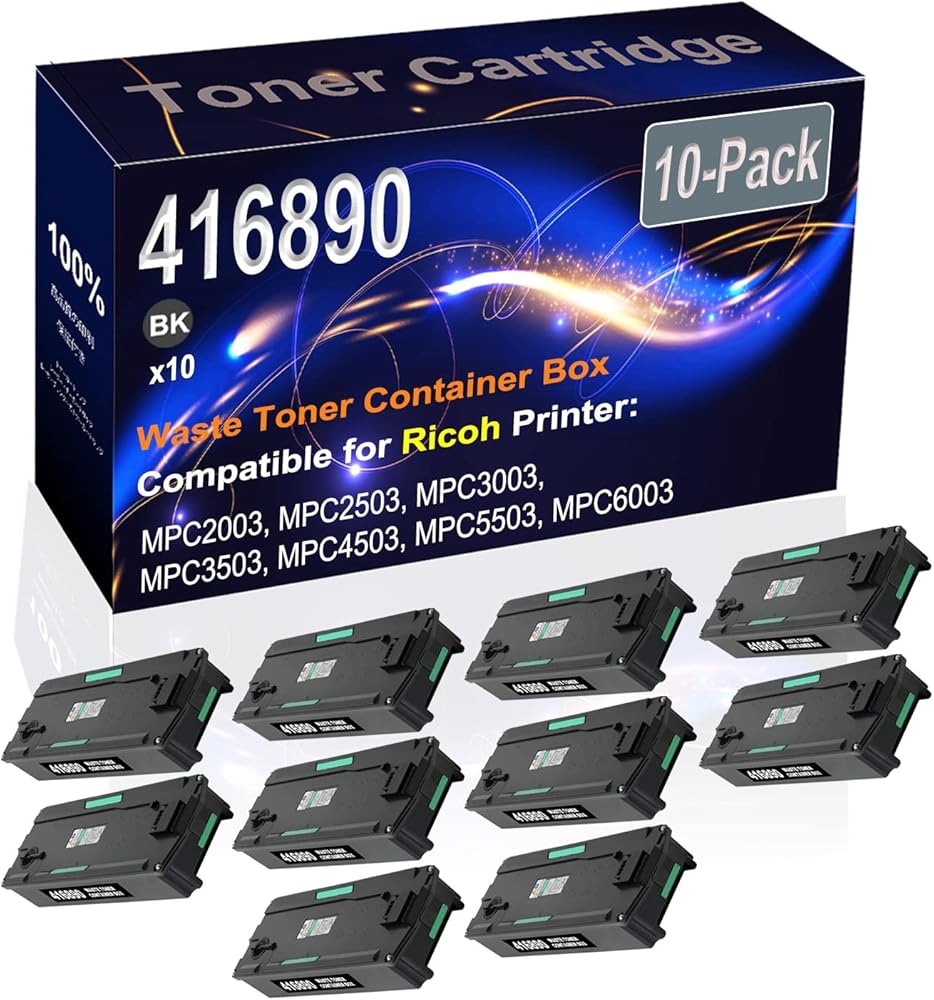 Kolasels 10-Pack (Black) Compatible MPC2003 MPC2503 MPC3003 MPC3503 MPC4503 Waste Toner Container Box (High Capacity) Replacement for Ricoh 416890 Laser Printer Cartridge