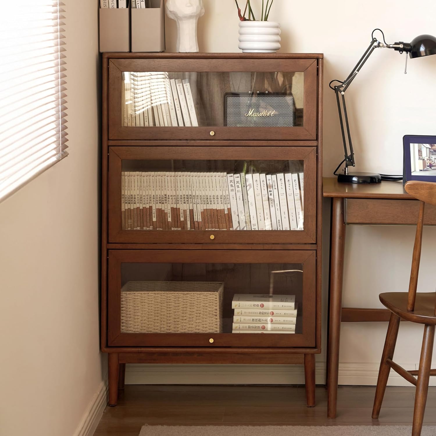 YESWOOD Solid Wood Bookshelf with Glass Flip-Up Doors, Vintage Display Cabinet, Solid Rubber Wood Combination Bookcase for Home Office, Study Room 3 Tier