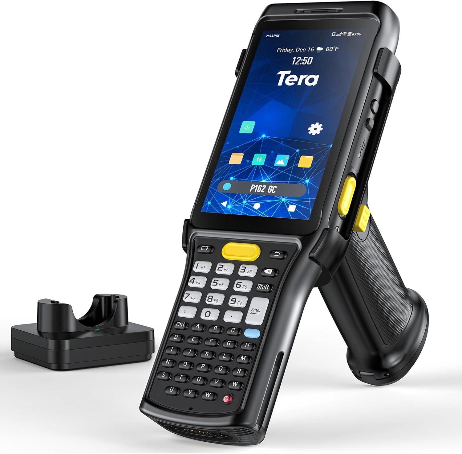 Tera Android 11 Barcode Scanner PDA: 47 Keys Zebra SE4750MR Scan-Range 13FT Qualcomm CPU with Pistol Grip Charge Cradle 6700mAh with Hot-swap IP65 Grade Data Terminal Inventory Scanner P162GC