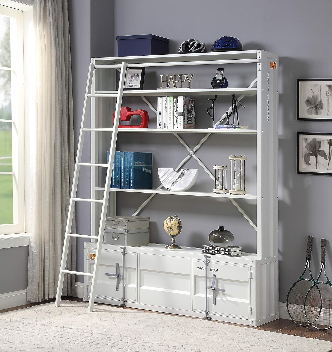 podafu 4 Tier Bookshelf with Doors and Ladder, Industrial Book Shelf Storage Organizer, Metal Bookcase for Living Room, Home Office, White 66