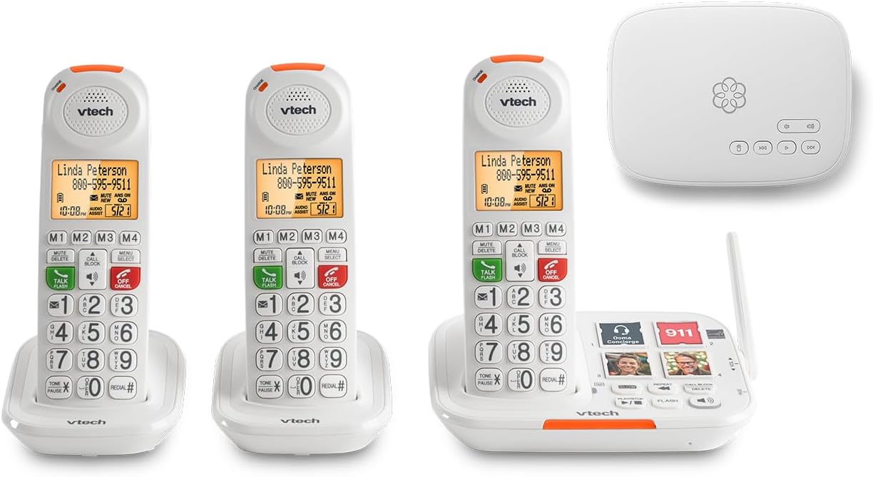 Ooma Senior Home Phone Service Bundle with 24/7 Concierge Plan. Personal Setup Assistance, Address-Based 911 and Text alerts, Call Blocking. 3 Amplified handsets, Photo dial. Subscription Required