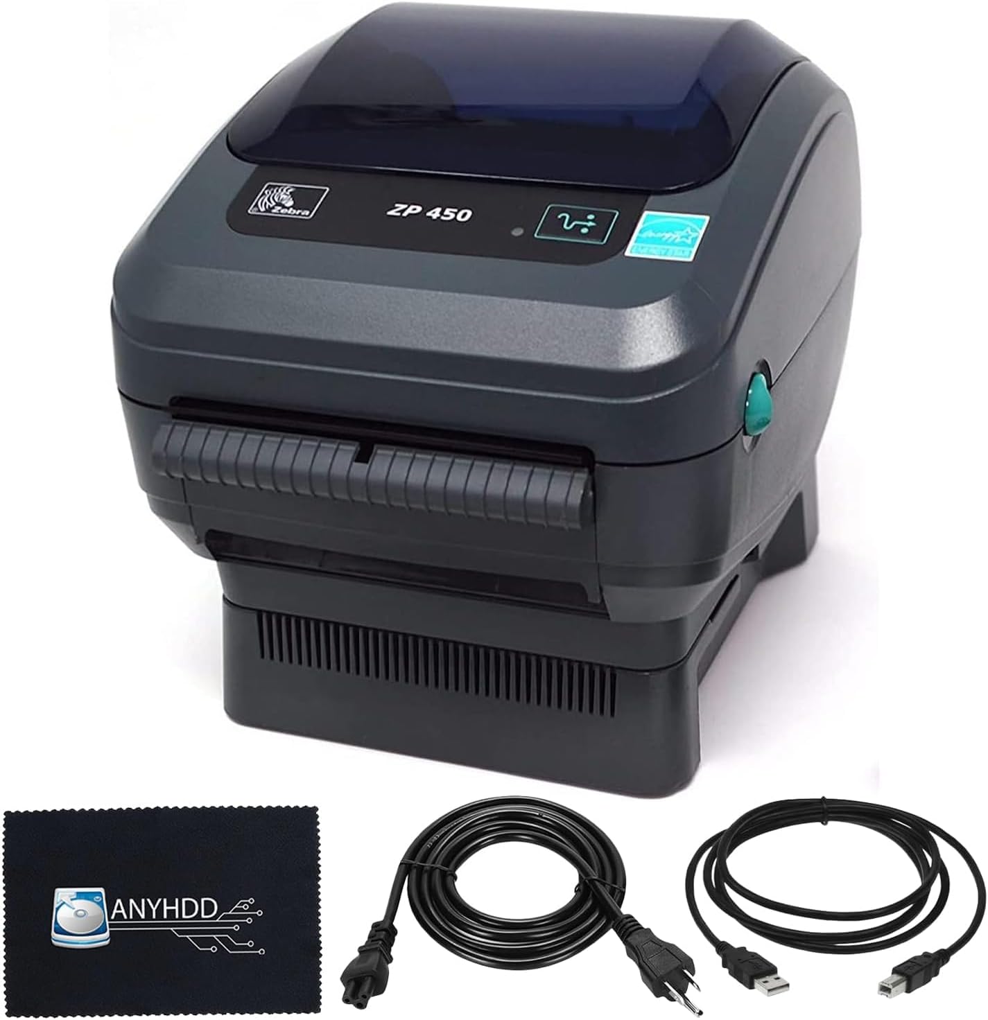 Zebra ZP450 (ZP 450) Direct Thermal Label Barcode Printer - 1 Year Warranty, USB, Serial, and Parallel Connectivity 203 DPI Resolution with Power Cord + Microfiber Cloth