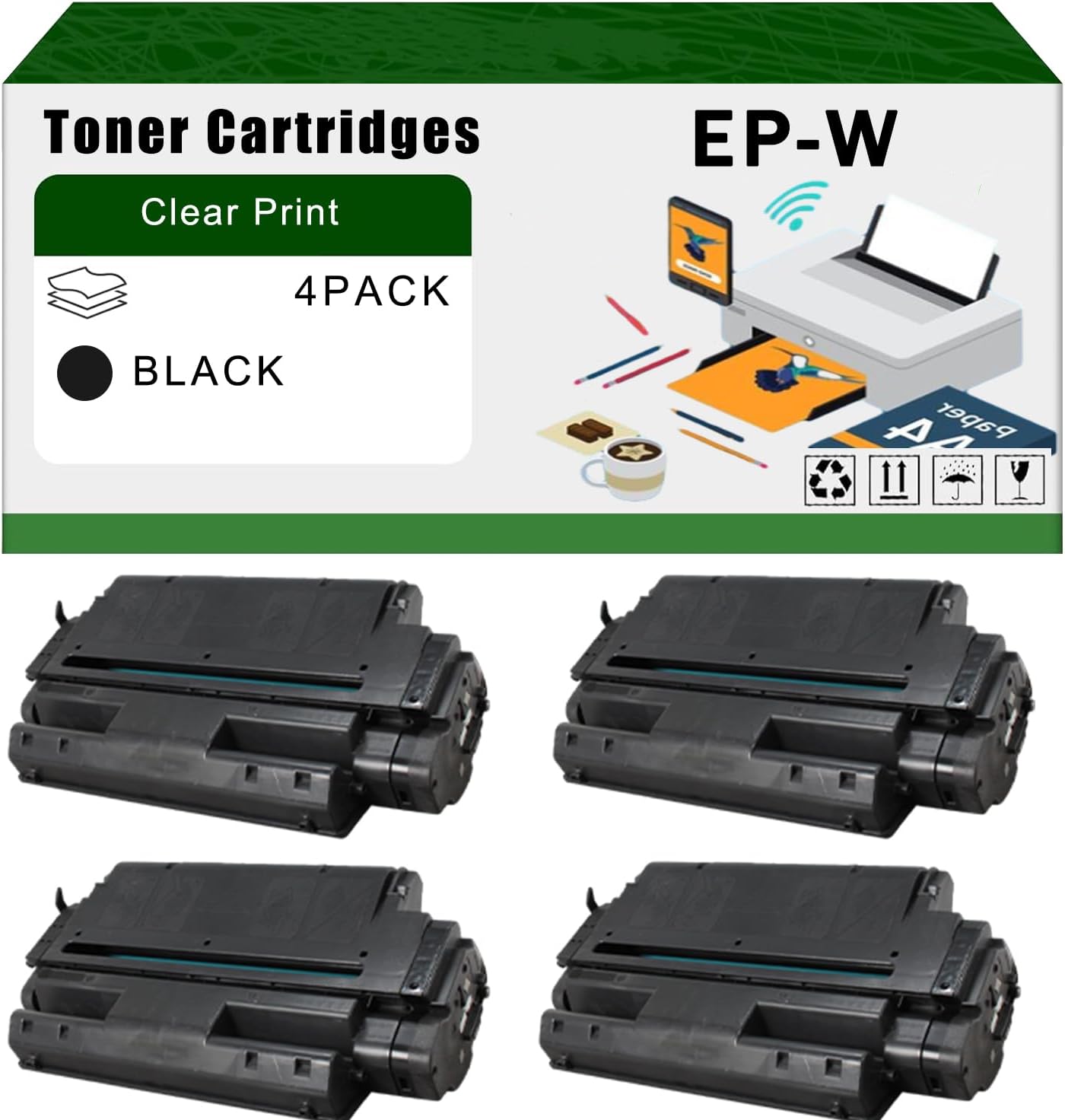 Compatible for Canon EP-W Toner Cartridges LBP2460 LBP2460N Printers, High Yield 26500 Pages Bright Clear Colors (4 Pack Black)