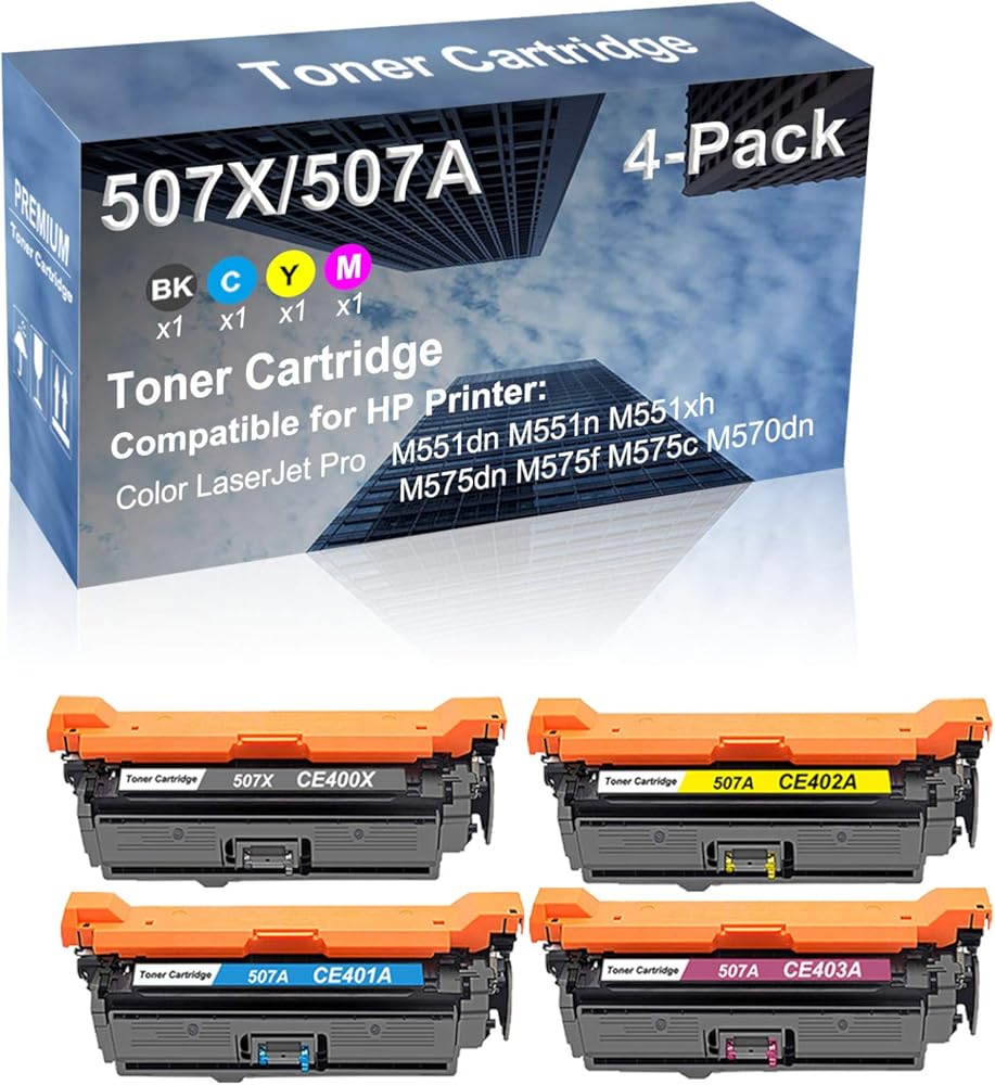 4-Pack (BK+C+Y+M) Compatible High Capacity 507X 507A (CE400X+ CE401A+ CE402A+ CE403A) Toner Cartridge use for M551dn M551n M551xh Printer