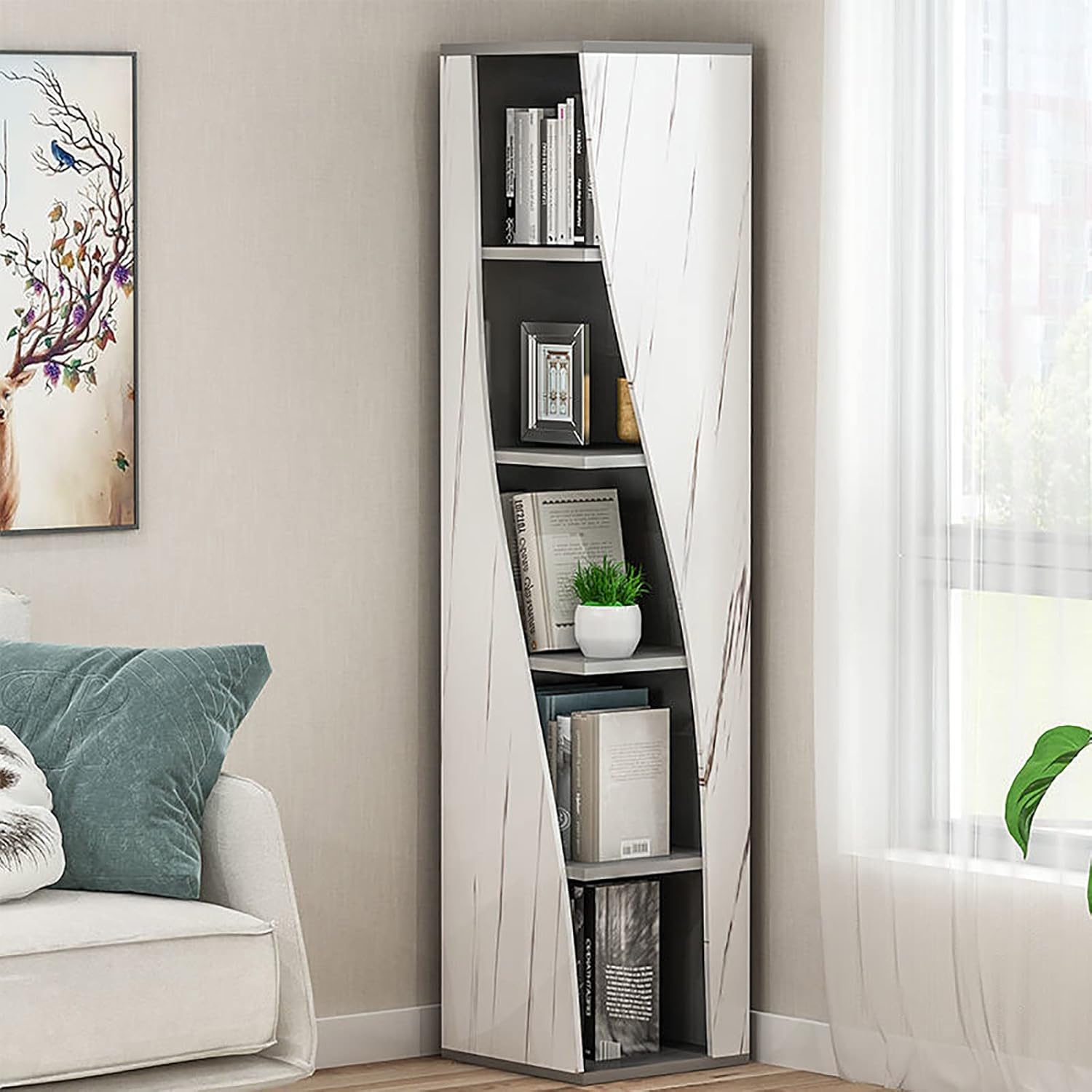 EXCEI Wood Bookcase,Saving Space Storage Rack Display for Living Room Study Office,5 Third Freestanding Bookshelf,Stackable Modern Library,Tall Corner Bookcase-Graffiti 30x30x180cm(12x12x71inch)