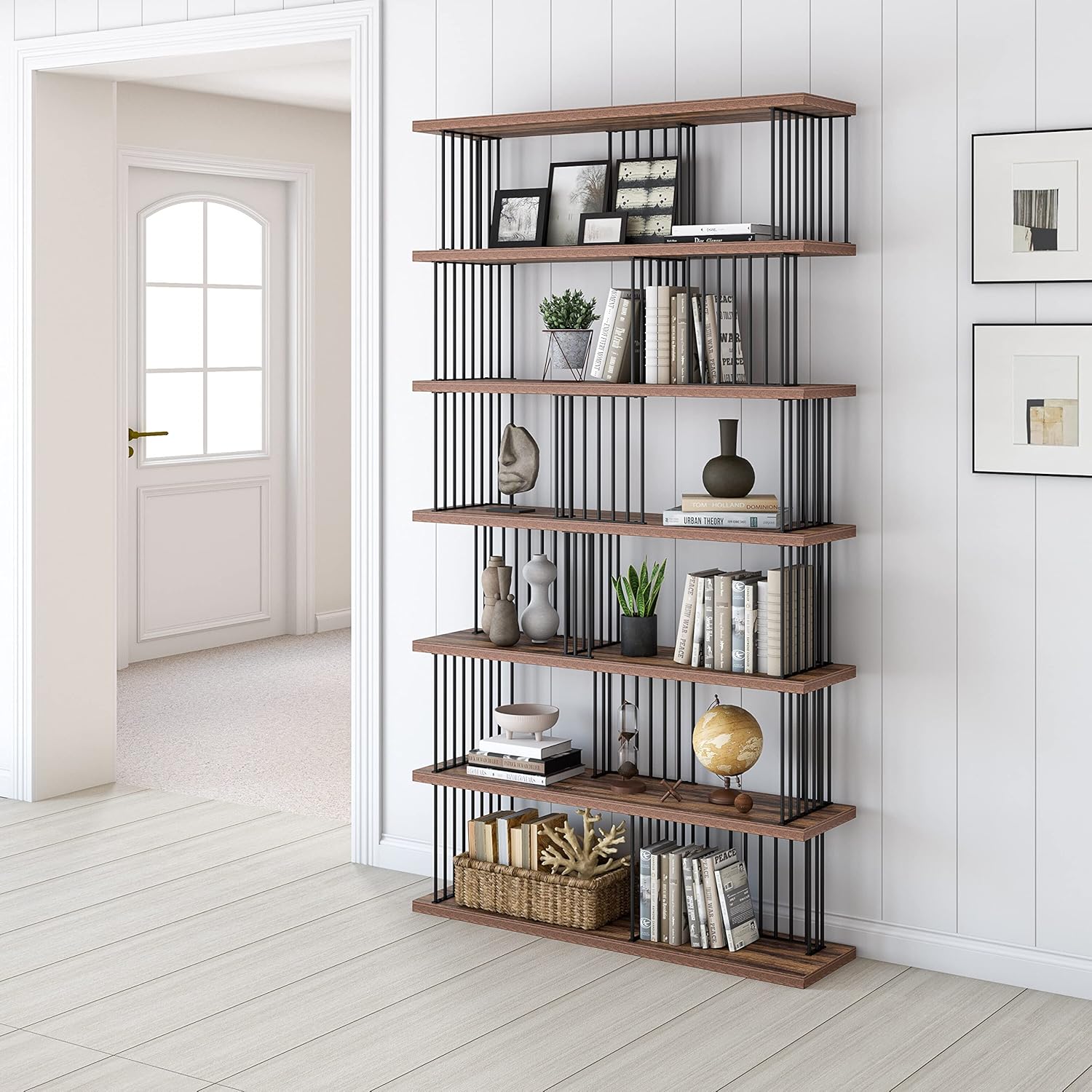 Iron Standard Bookcase 47.24 * 11.81 * 86.81 Inches Brown Modern Contemporary MDF Metal Walnut Finish Wood Includes Hardware Stackable