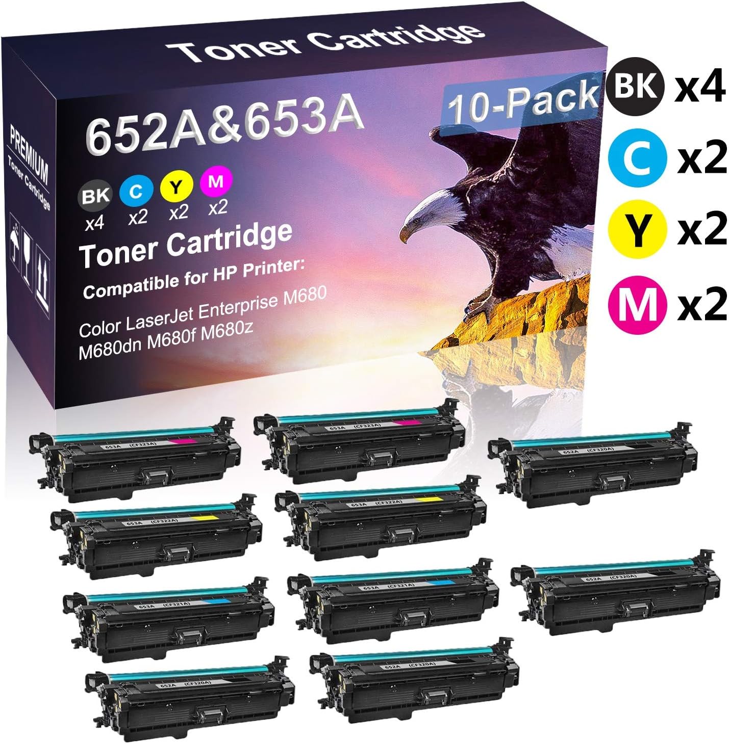 10 Pack (4BK+2C+2Y+2M) Compatible Laserjet Pro Enterprise M680dn M680f Imaging Toner Cartridge Replacement for HP 652A | 653A CF320A CF321A CF322A CF323A Laser Toner Cartridge(High Capacity)