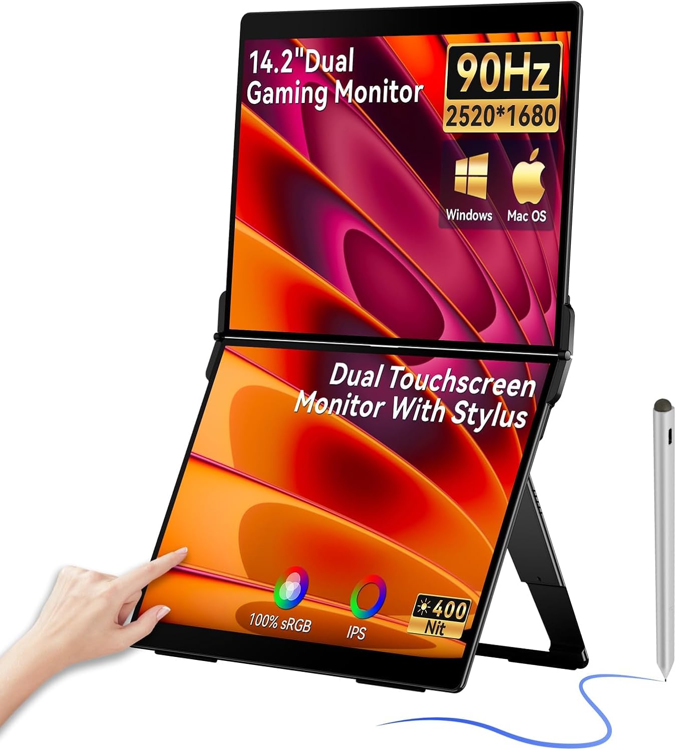 EHOMEWEI X2 Air QLED 2.8K Portable Dual Touchscreen Monitor with Stylus Pen 90Hz 14.2“*2 IPS 2520 * 1680 Display, 400 Nit Brightness 1500:1, 100% sRGB, for Office/Home/Travel Laptop Extender Screen