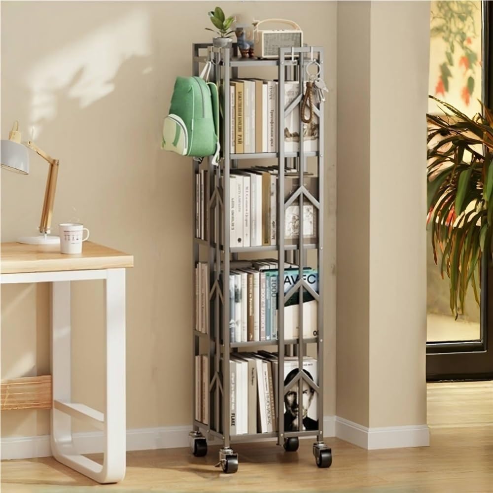 360° Rotating Bookshelf Tower Freestanding Geometric Bookcase 3-5 Tiers Carbon Steel Space-Saving Floor Shelf for Home Office Multi-Purpose(Black,5-Tier)