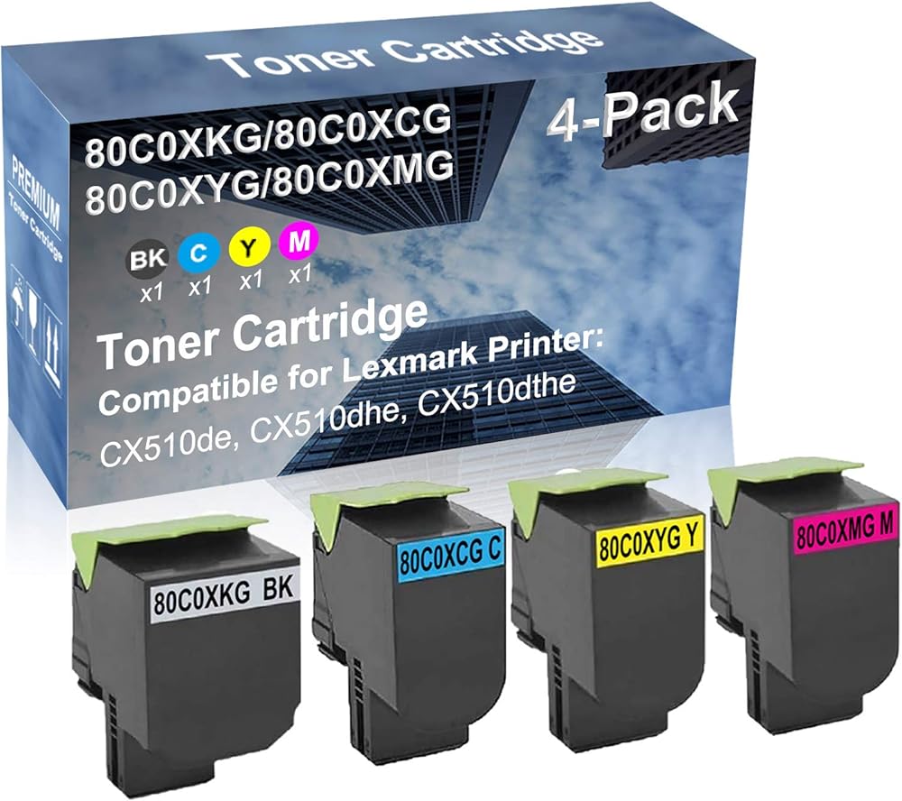 4-Pack (BK+C+Y+M) Compatible High Yield 80C0XKG+ 80C0XCG+ 80C0XYG+ 80C0XMG Laser Printer Toner Cartridge Used for CX510de, CX510dhe, CX510dthe Printer