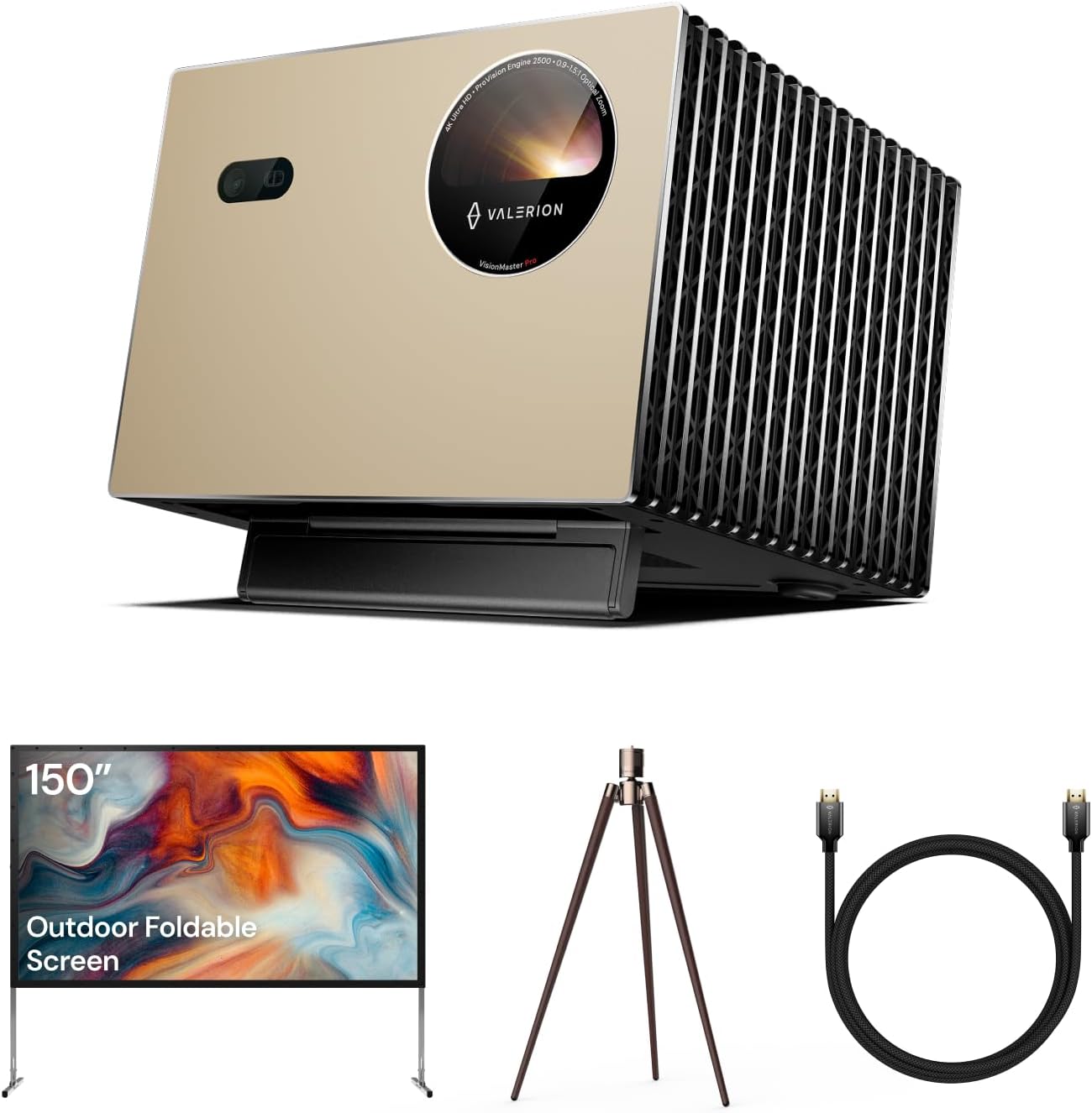 Valerion VisionMaster Pro Triple Laser 4K Projector with 150-Inch Outdoor Screen, Walnut Tripod Stand, and HDMI Cable