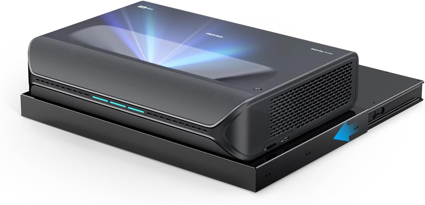 NexiGo Aurora Pro with Official AS200 Motorized UST Tray, Ultra Short Throw 4K Tri-Color Laser Projector, 2400 Lumens, Dynamic Laser Dimming, Dolby Vision & Atmos, Up to 150