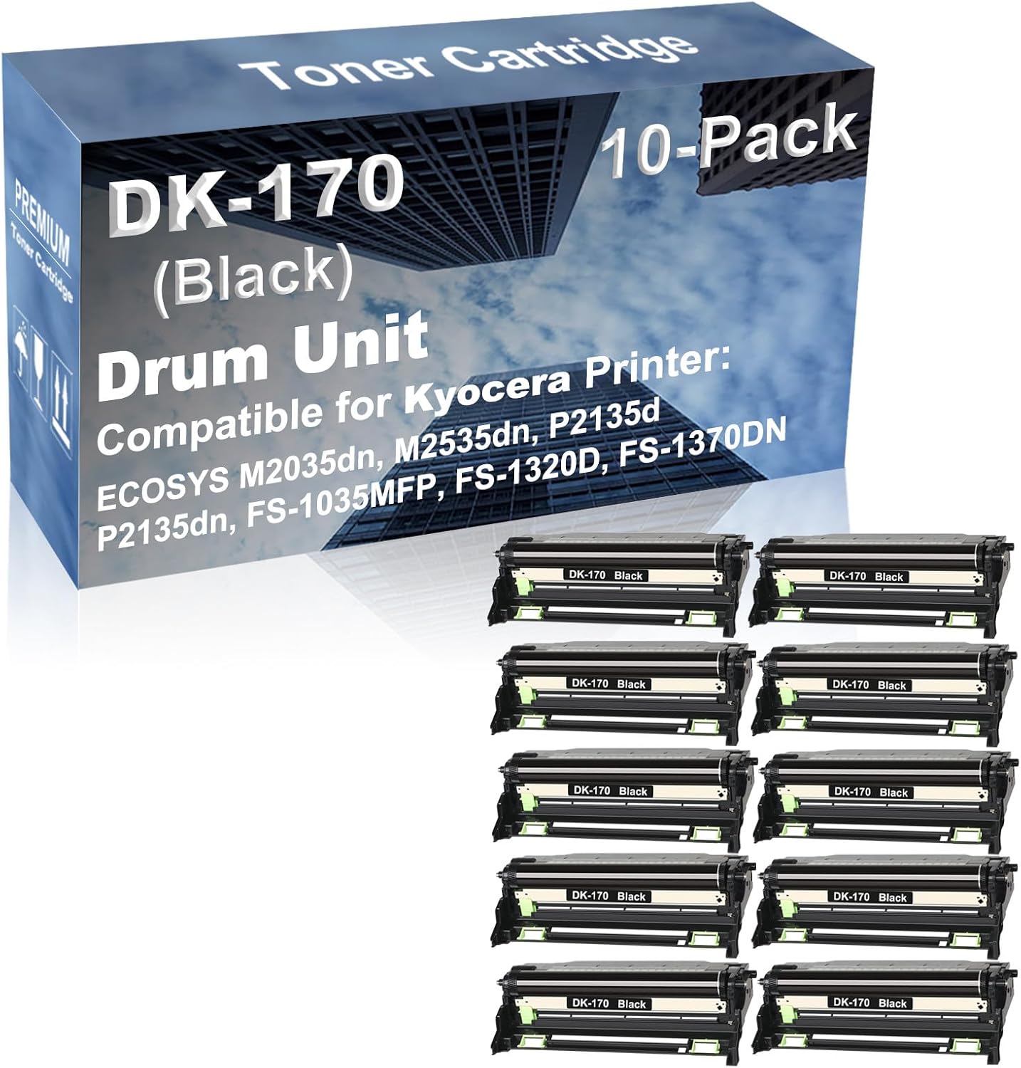 10-Pack Compatible DK170 DK150 DK1140 DK130 Drum Kit use for Kyocera ECOSYS M2035dn, M2535dn Printer (Black)