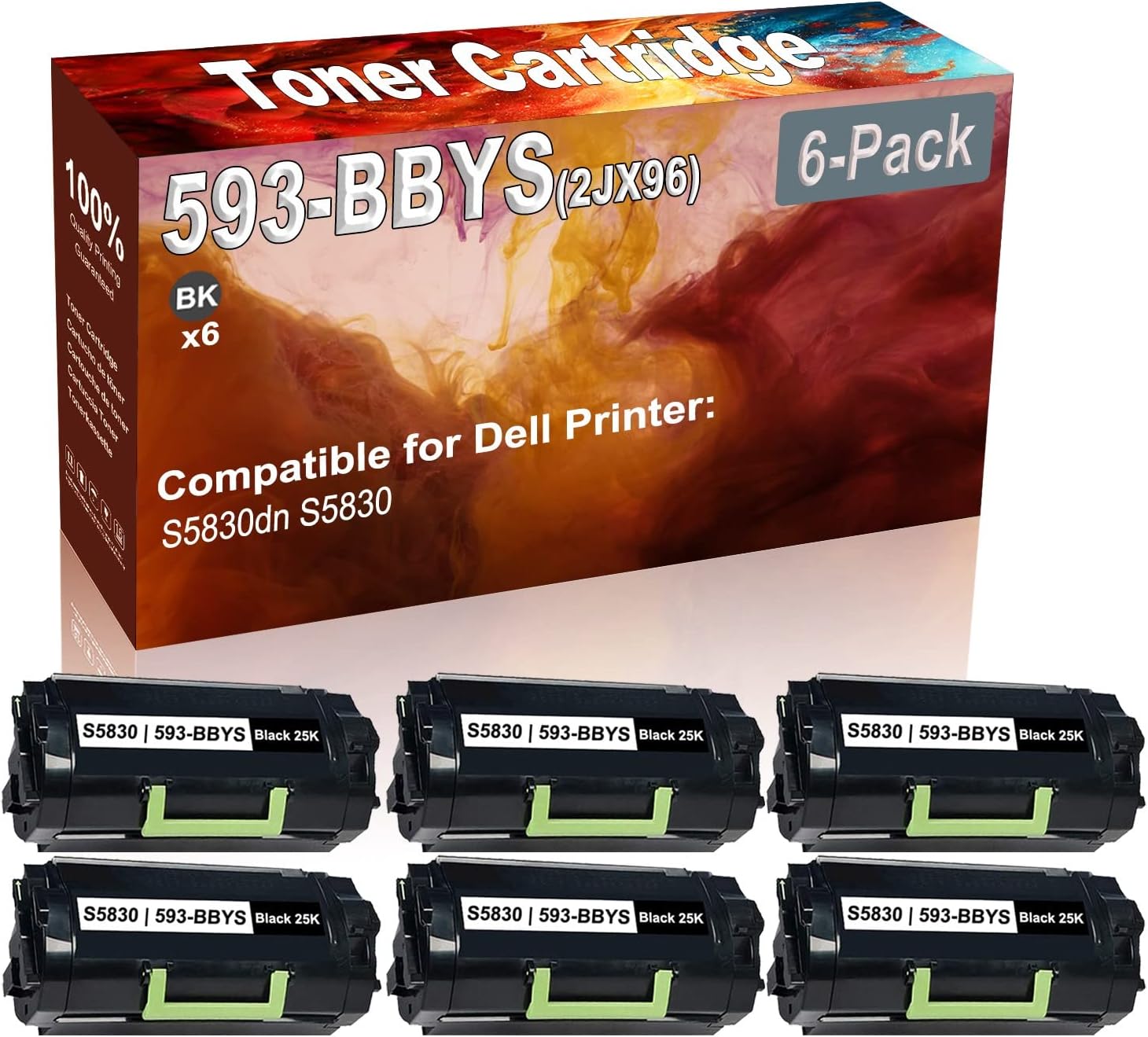 6-Pack Compatible High Capacity 593-BBYS (2JX96) Laser Printer Toner Cartridge use for Dell S5830dn S5830 Printer (Black)