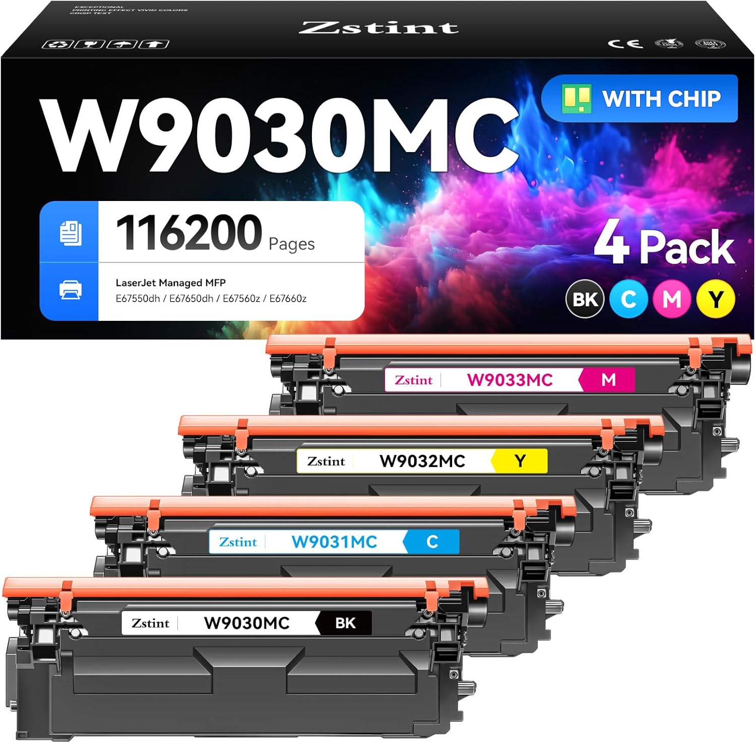 W9030MC W9031MC W9032MC W9033MC Toner Cartridge Set 4-Pack High Yield Replacement Compatible with HP Color LaserJet Managed MFP E67550dh E67650dh E67560z E67660z Printer Ink Black Cyan Magenta Yellow