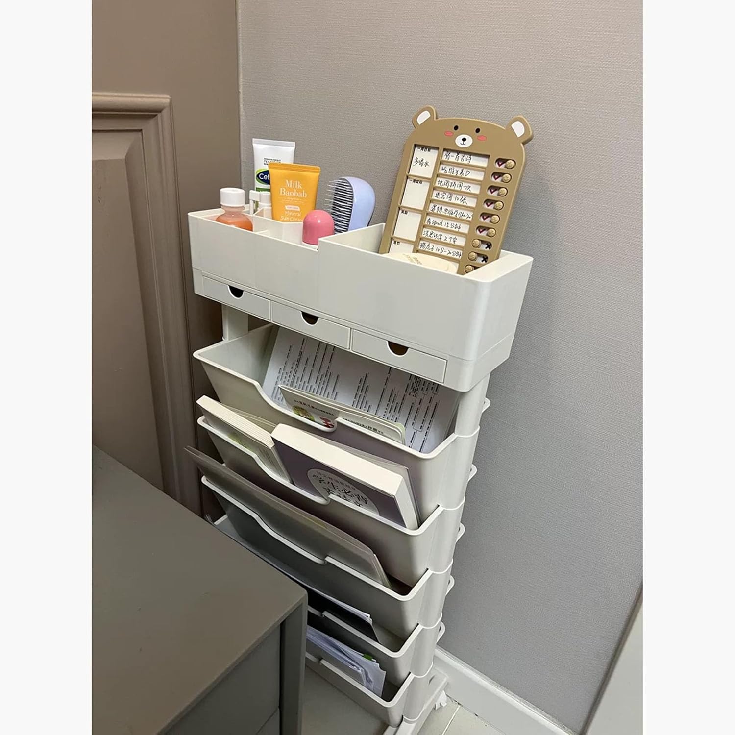 MObyat Narrow Slim Bookshelf Open Shelf, Plastic Double-Sided Magazine Rack Newspaper Holder, Classroom Deskside Free Standing Bookcase Storage Organizer, for Home Office