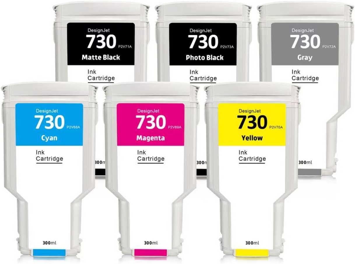 SUPERYILED 730 Ink Cartridges P2V73A P2V72A P2V71A P2V70A P2V69A P2V68A Replacement for HP 730 Ink Cartridges for DesignJet T1600 T1700 T2600 Printer (6-Pack 300ML)