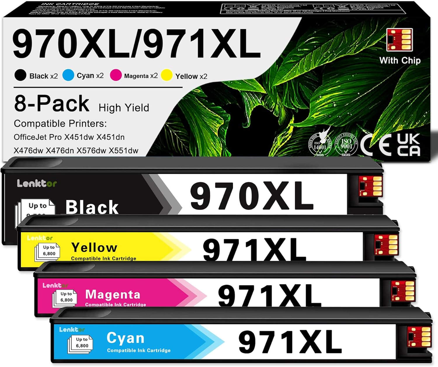 970XL 971XL Ink Cartridges High-Yield Replacement for HP Ink 970XL 970 971 for OfficeJet Pro X451dw X451dn X476dw X476dn X576dw X551dw Printer (8 Pack, 2Black/2Cyan/2Magenta/2Yellow)